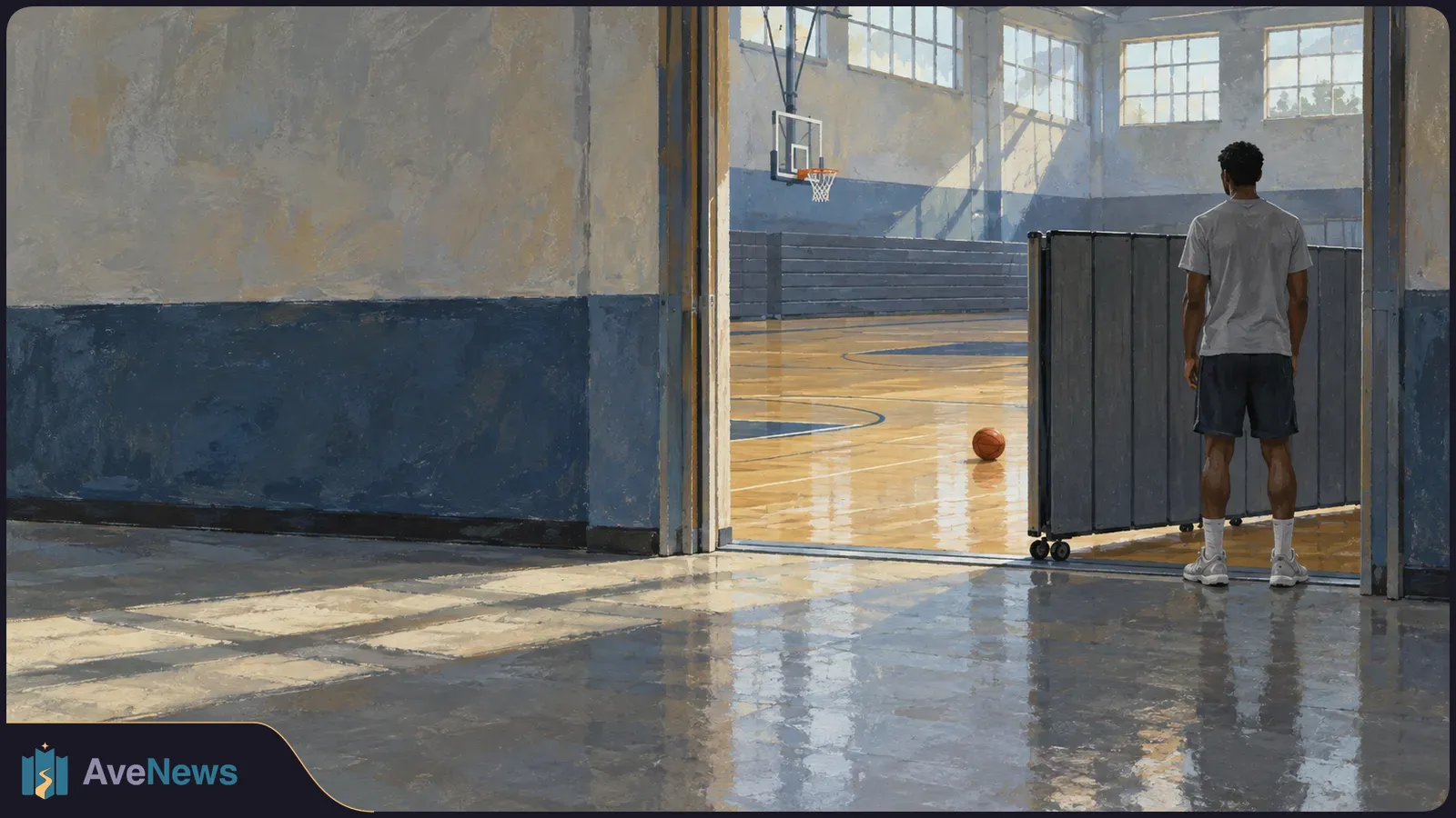 A painted scene of a basketball player seen from behind at a gym doorway, beside a rolling divider; a ball rests on the sunlit court beyond. SI illustration