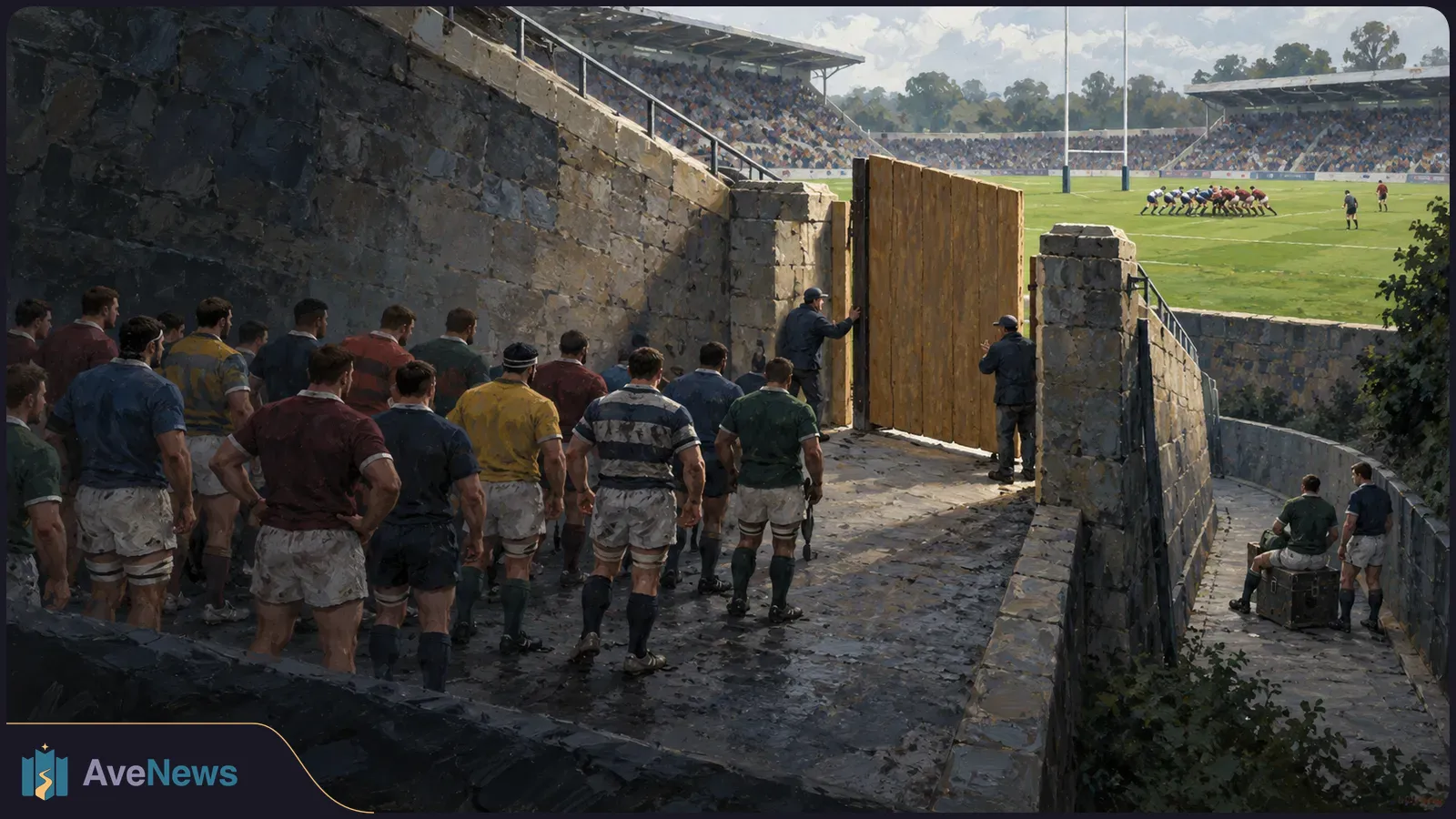 Illustration of rugby players waiting in a stone stadium tunnel by a wooden gate, with a scrum on the pitch beyond. SI illustration