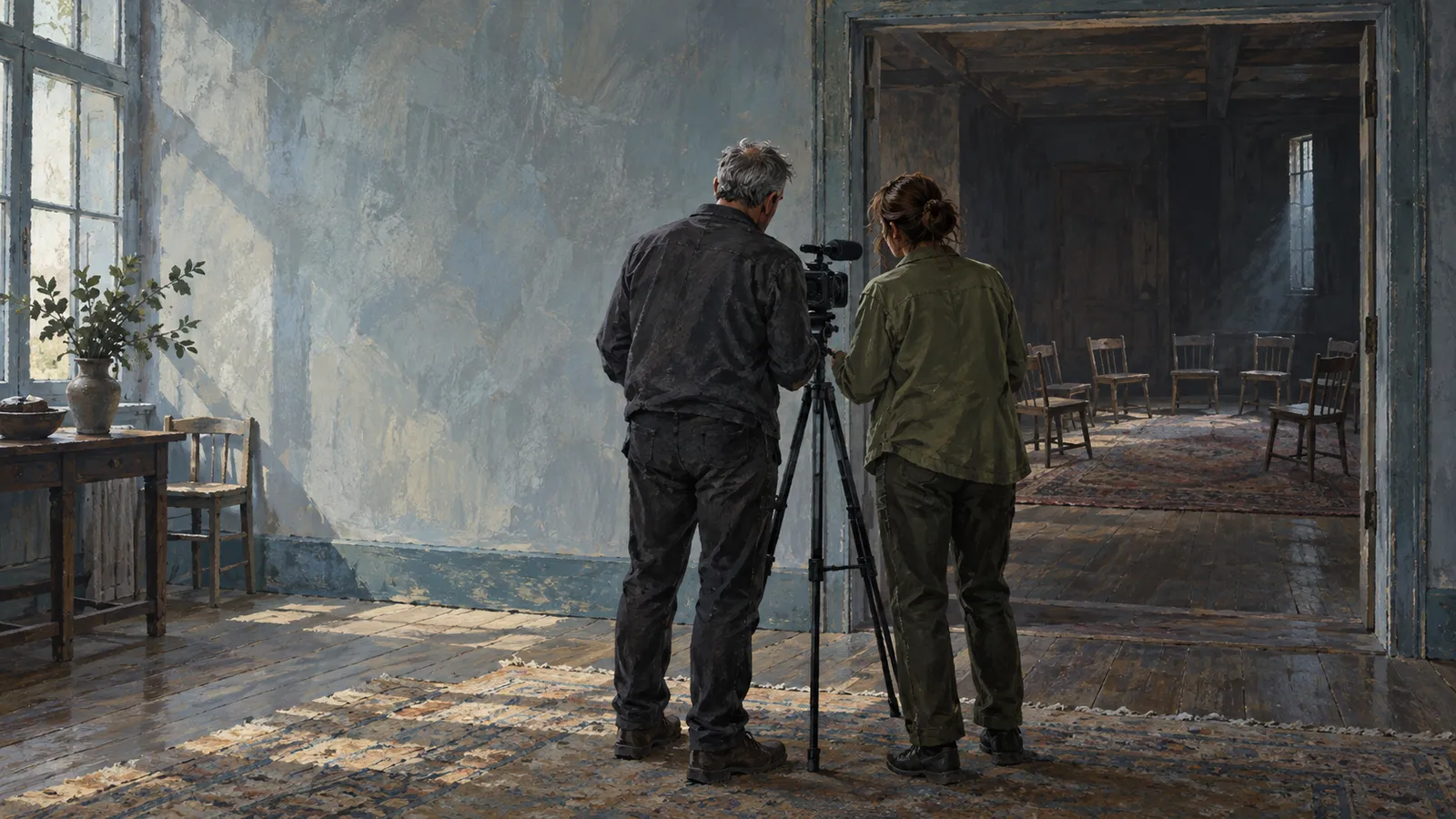 Two people stand behind a video camera on a tripod in a worn room, facing a darker adjoining room with chairs arranged on a rug. SI illustration