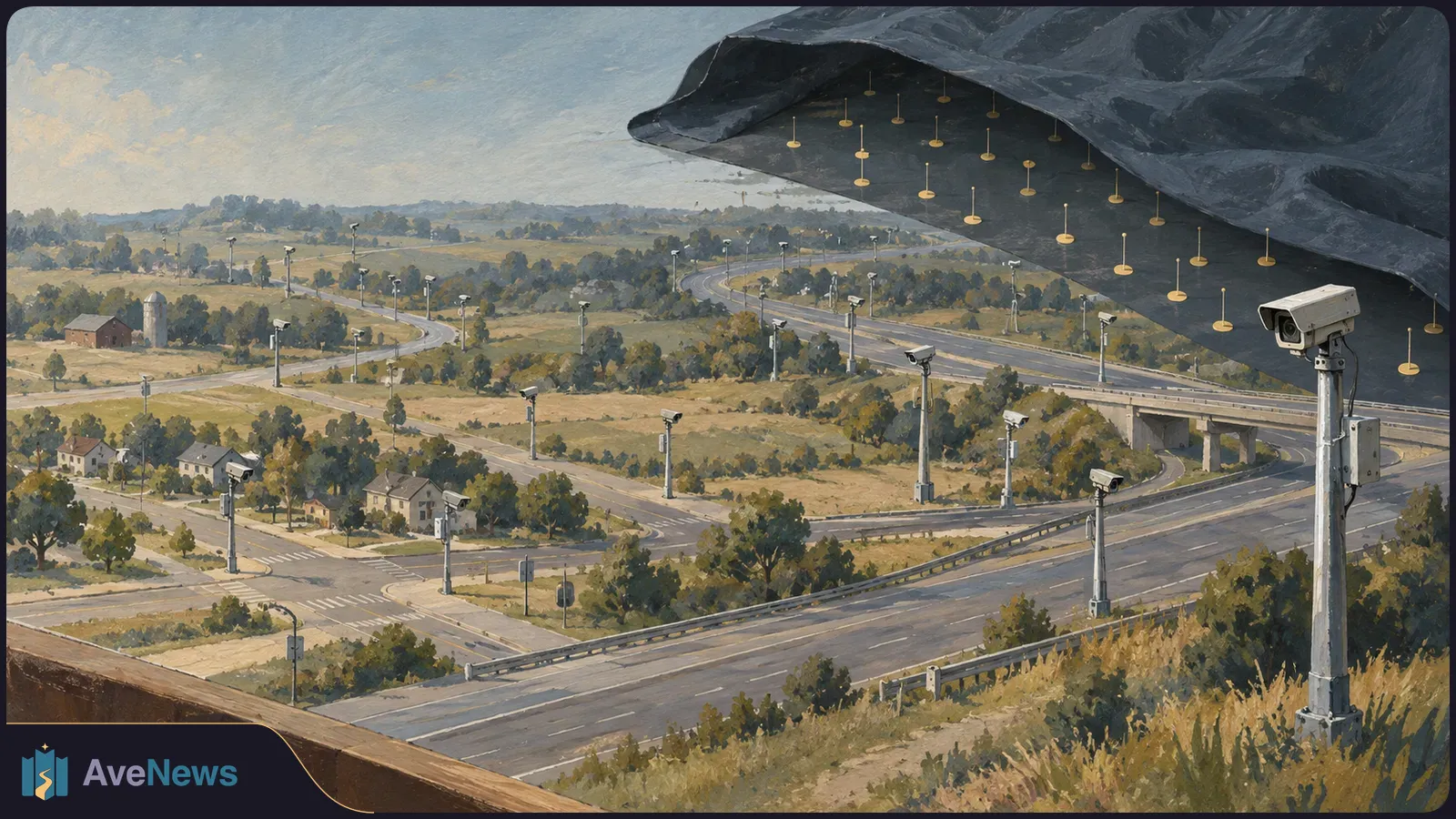 Painted view of roads and fields dotted with surveillance cameras, beneath a dark canopy of gold location markers. SI illustration