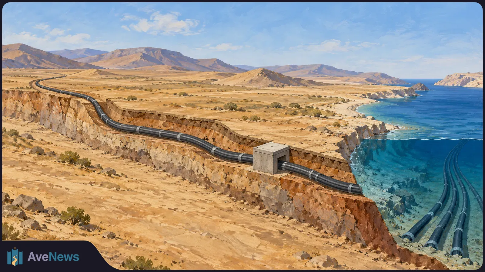 A dark cable snakes across a dry, rocky coast, while several parallel cables run beneath the blue water nearby. SI illustration