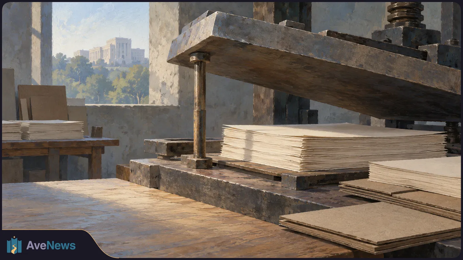 A painterly view of a large printing press above stacks of blank paper, with more paper on nearby tables and a distant building visible through a window. SI illustration