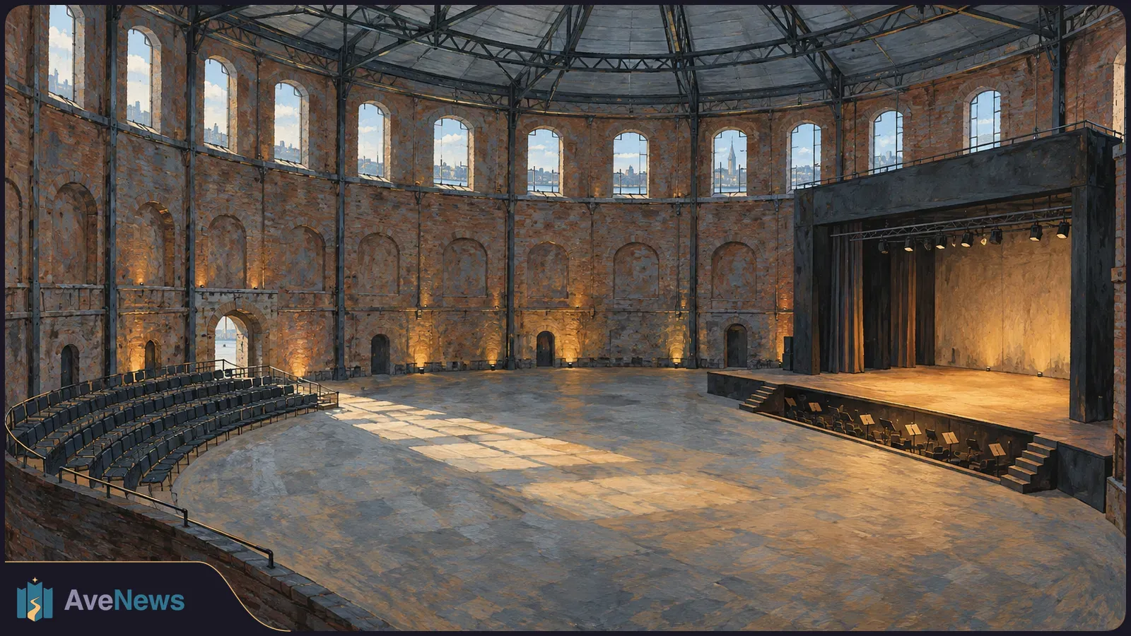 A circular brick hall with tall arched windows and an exposed steel roof. Curved rows of empty seats face a lit stage across a wide open floor. SI illustration
