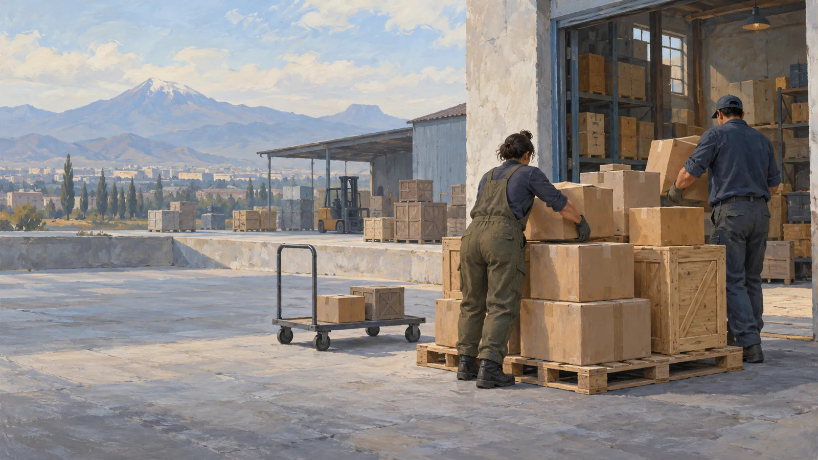 Two workers handle cardboard boxes and wooden crates on pallets outside a warehouse, with a forklift, a cart and mountains in the background. SI illustration