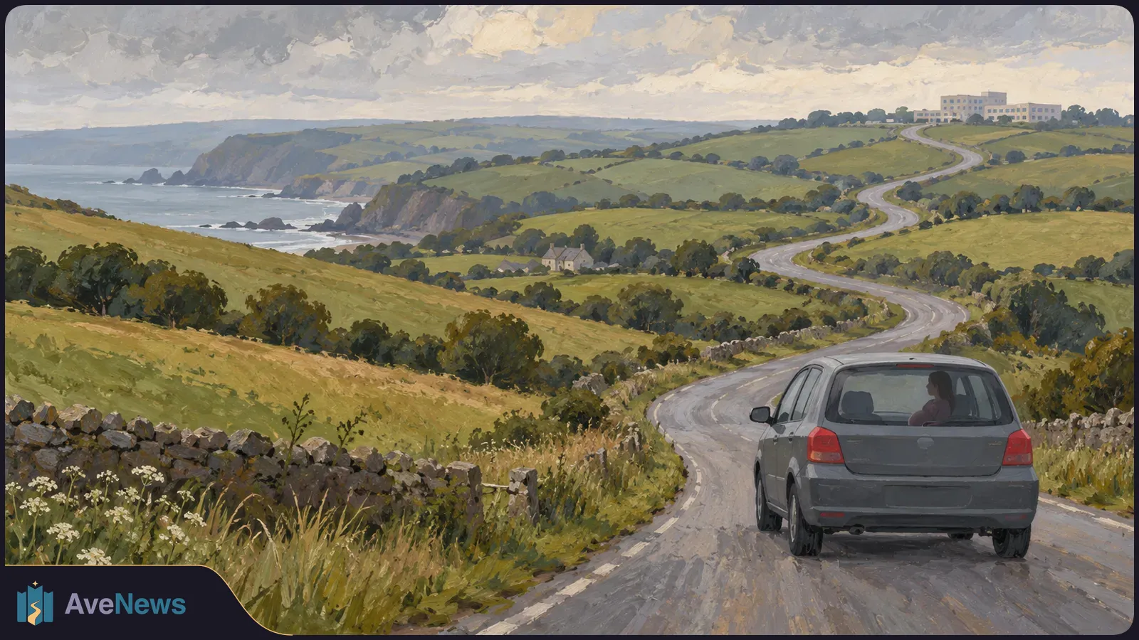 A painted scene shows a gray car on a winding road through green hills beside a rocky coast, with buildings in the distance under a cloudy sky. SI illustration