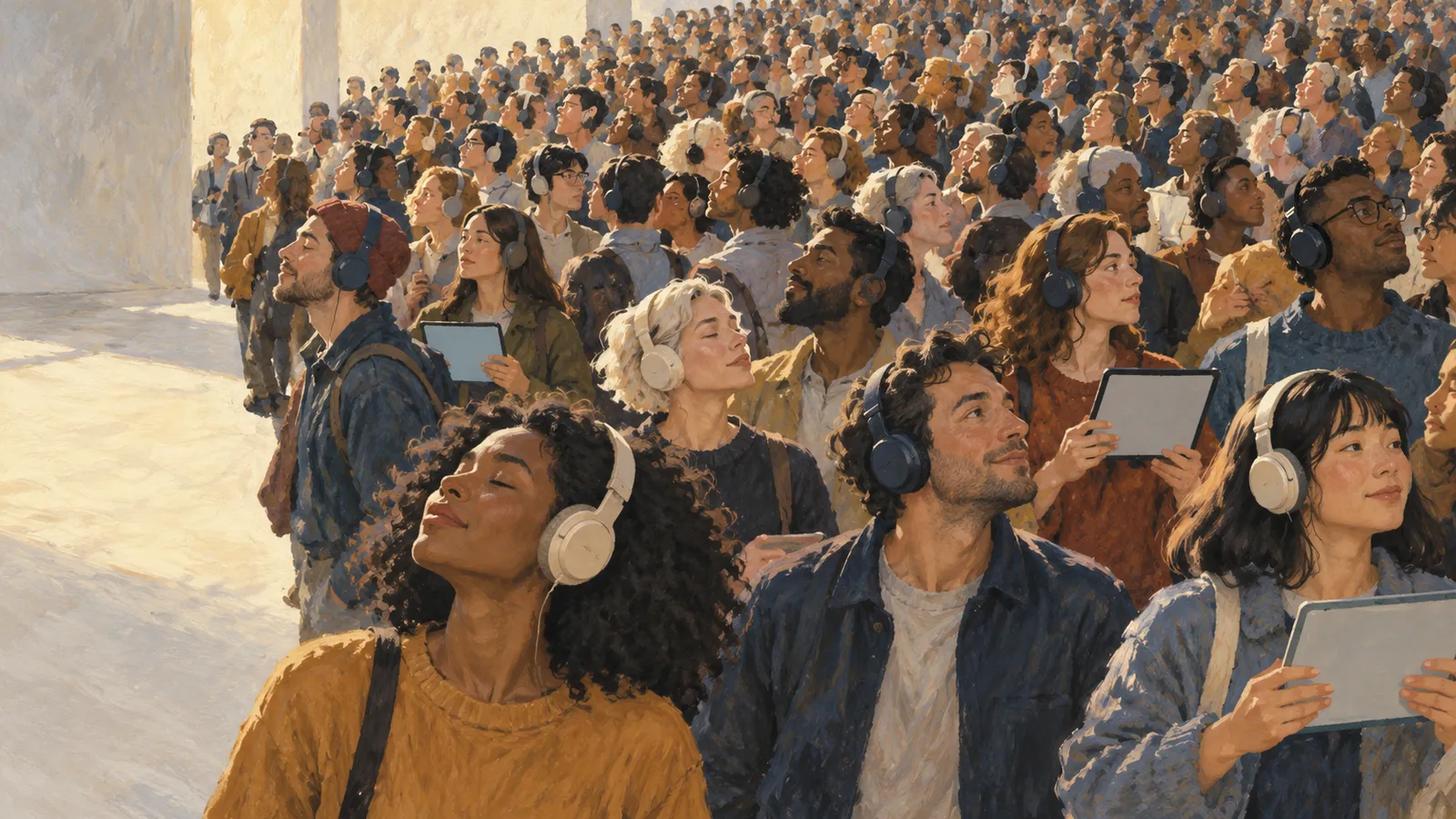 A painted crowd of people wearing headphones fills a bright space; several hold tablets while others look upward or close their eyes. SI illustration