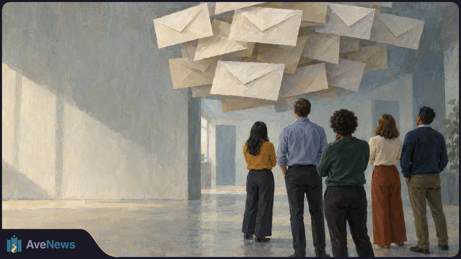 Painterly scene of five people seen from behind in a sunlit hall, facing a cluster of large envelopes overhead. SI illustration