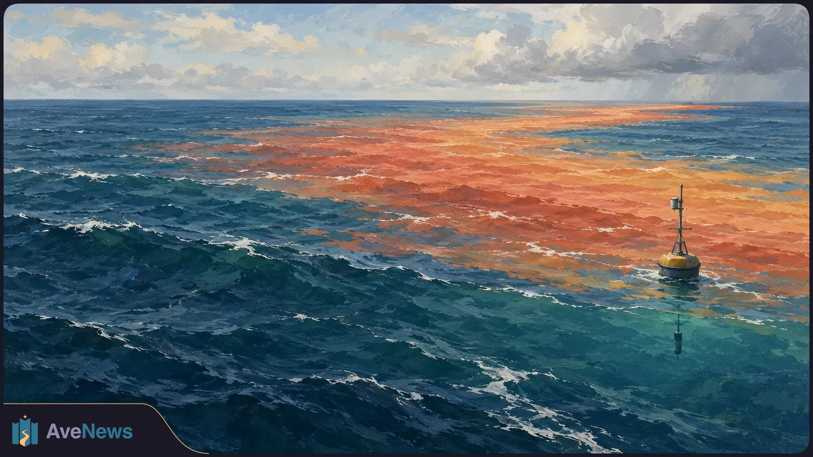 Painted view of a choppy blue sea with a broad orange band across the water, a lone yellow buoy and a cloudy sky. SI illustration