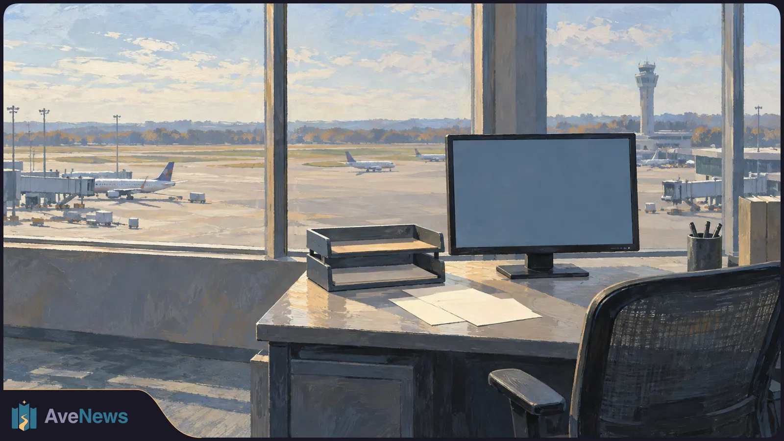A painted airport workstation with a blank monitor, paper trays and an empty chair; planes and a control tower are visible through the windows. SI illustration
