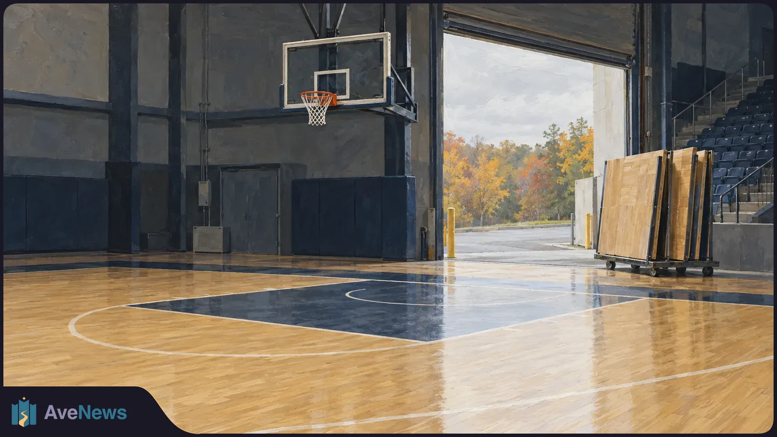 An empty basketball court with a hoop and glossy floor. Wooden panels stand on wheeled carts beside an open loading door, with autumn trees outside. SI illustration