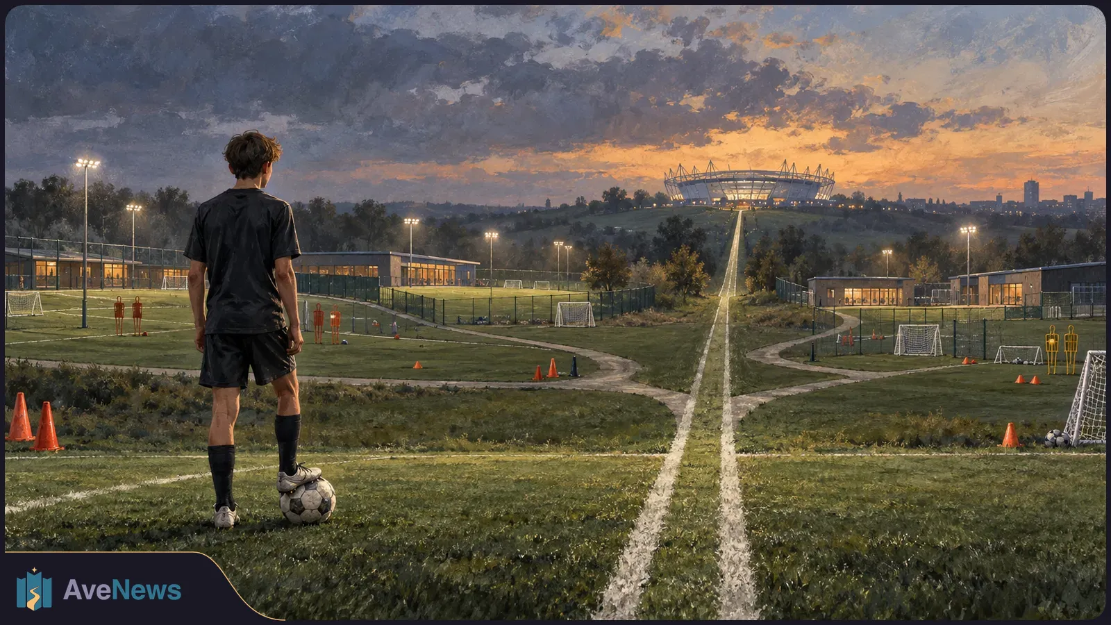 Painted scene of a young footballer seen from behind, resting one foot on a ball at a training ground, with small pitches and a lit stadium beneath a sunset sky. SI illustration