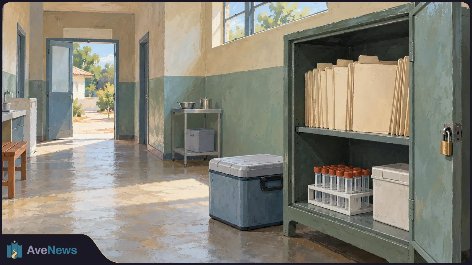 Painted clinic room with an open cabinet holding blank folders, sample tubes and a cooler; a padlock hangs from the door. SI illustration
