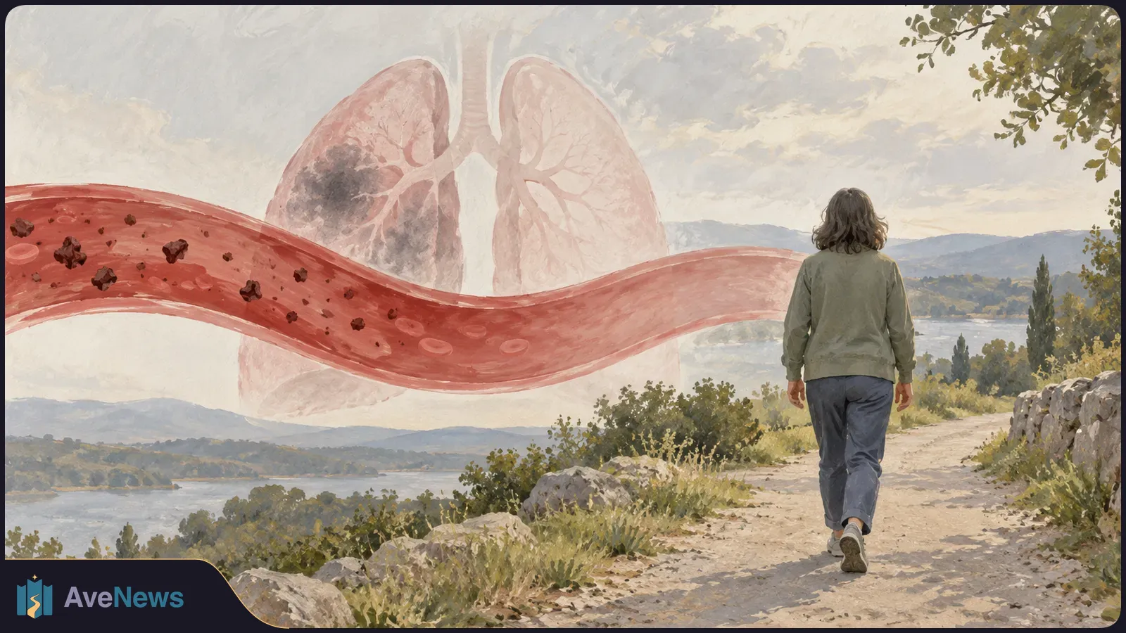 Illustration of a person walking along a lakeside path, with translucent lungs and a red blood vessel containing dark particles overlaid on the landscape. SI illustration