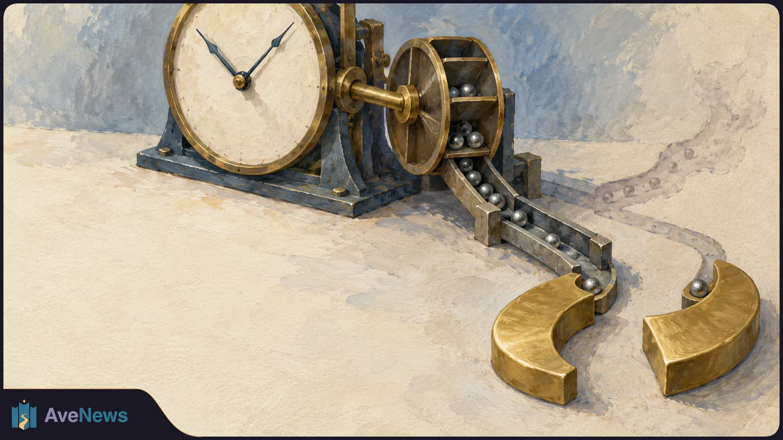 Painted illustration of a large clock beside a metal wheel holding small spheres, with spheres rolling along tracks toward two curved brass pieces. SI illustration