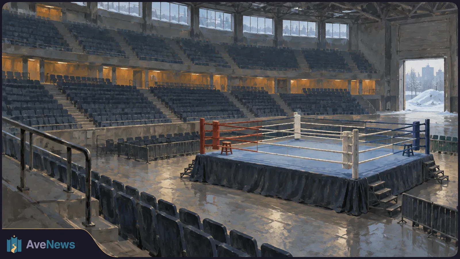 An empty boxing ring stands in a large arena with rows of dark seats. Snow is visible through an open doorway. SI illustration