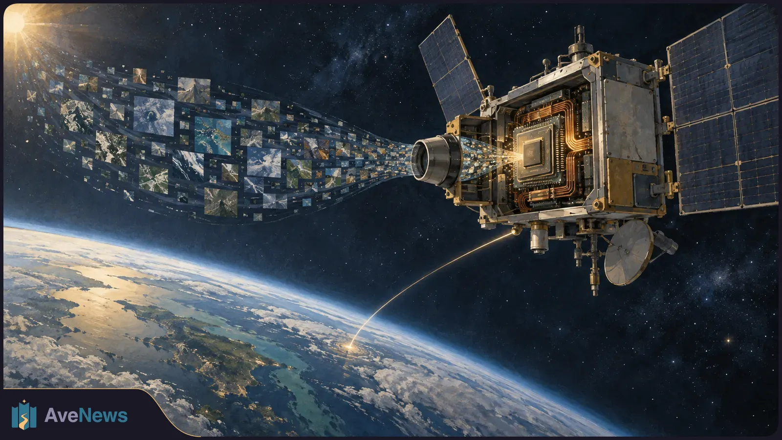 Illustration of a satellite above Earth, with a glowing chip inside and a stream of small Earth images flowing toward it. SI illustration