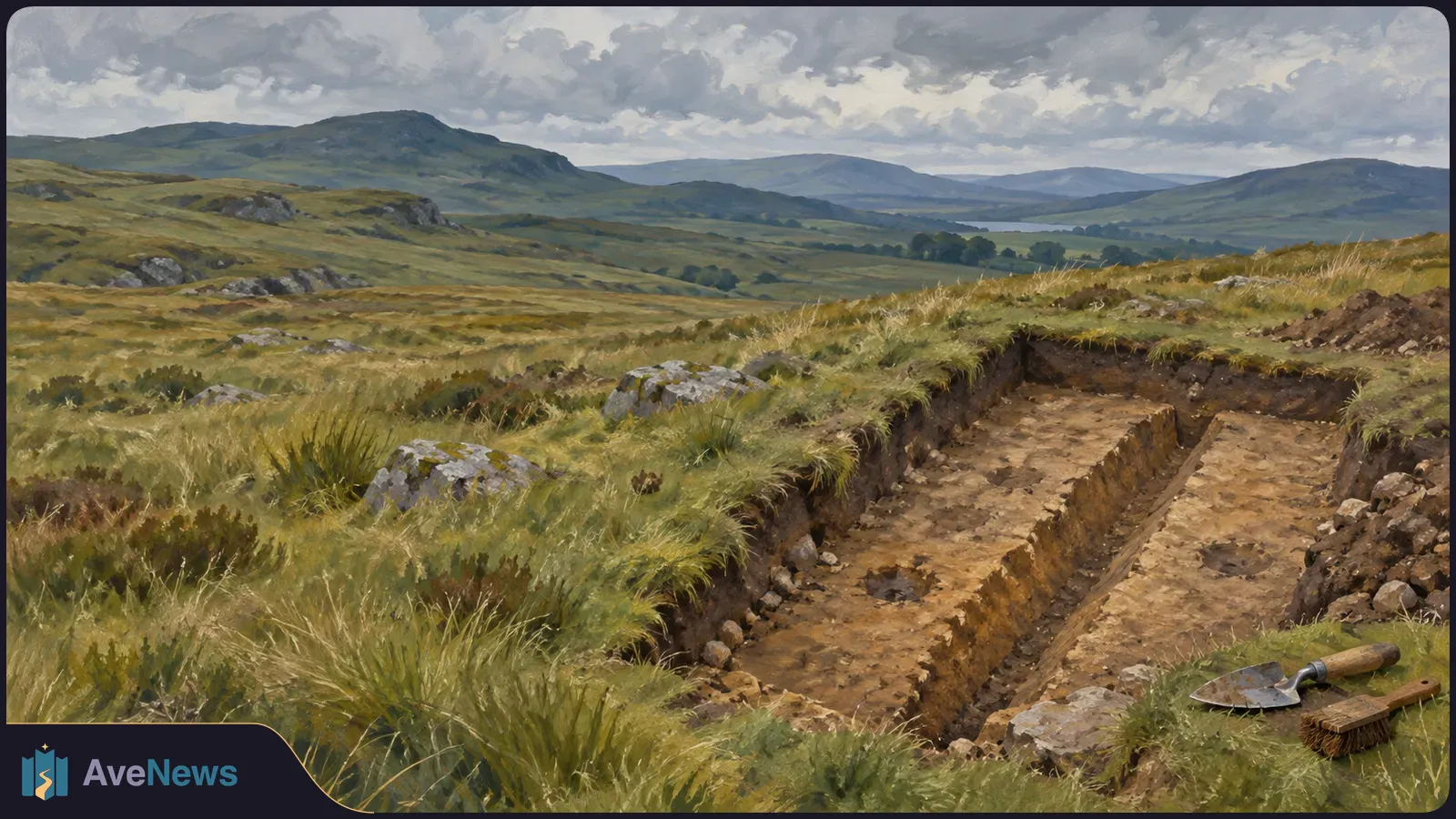 Painted excavation trench in grassy hills, with a trowel and brush beside it and mountains under a cloudy sky. SI illustration