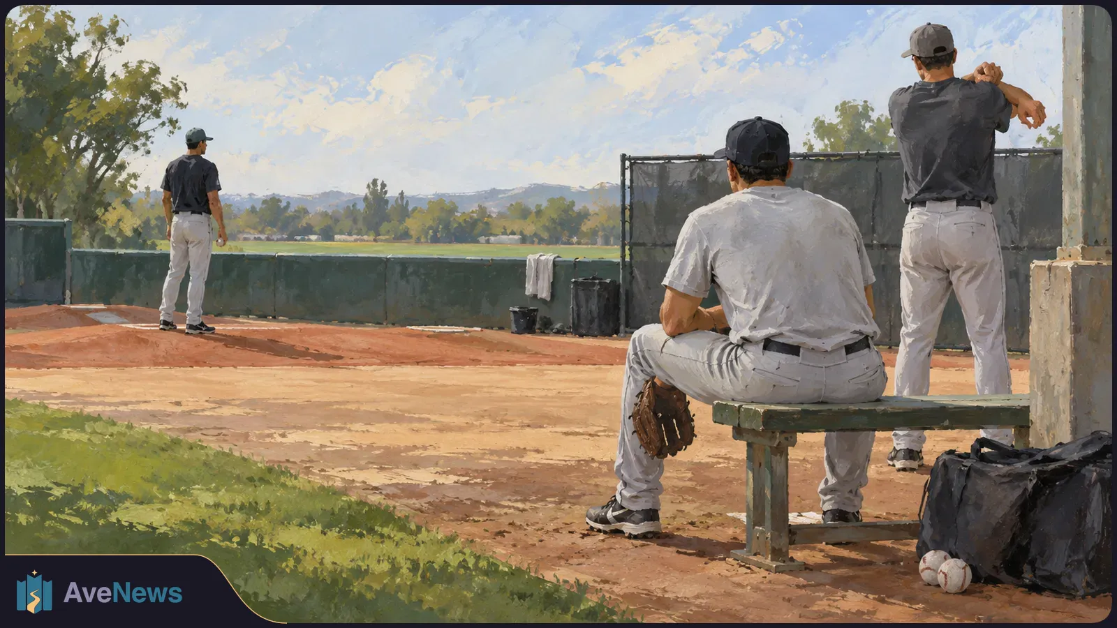 Painterly illustration of three baseball players at a sunny field: one sits on a bench with a glove, another stretches, and a third stands near the field’s edge. SI illustration