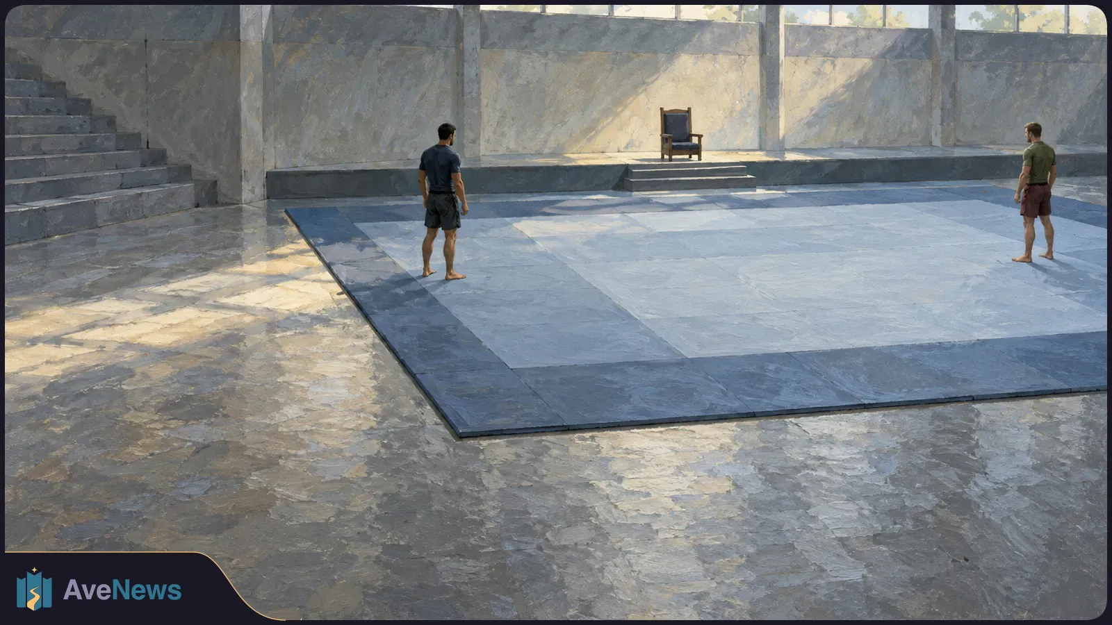 Two barefoot athletes stand apart on a blue mat in a sunlit hall, with an empty chair on a raised platform behind them. SI illustration