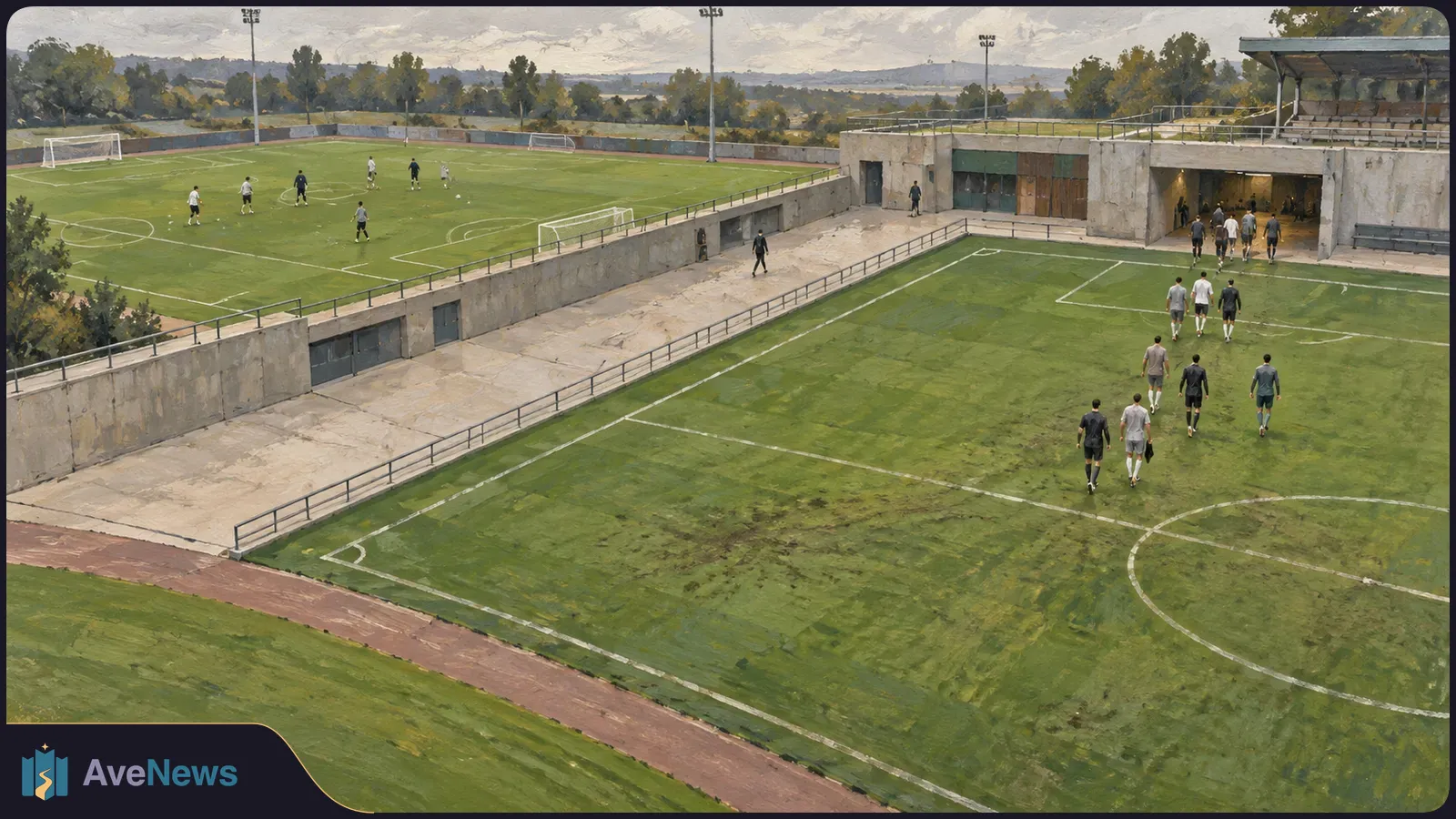 Painted aerial view of two adjoining football pitches: small figures play on the far field, while others walk toward a concrete building beside the near field. SI illustration