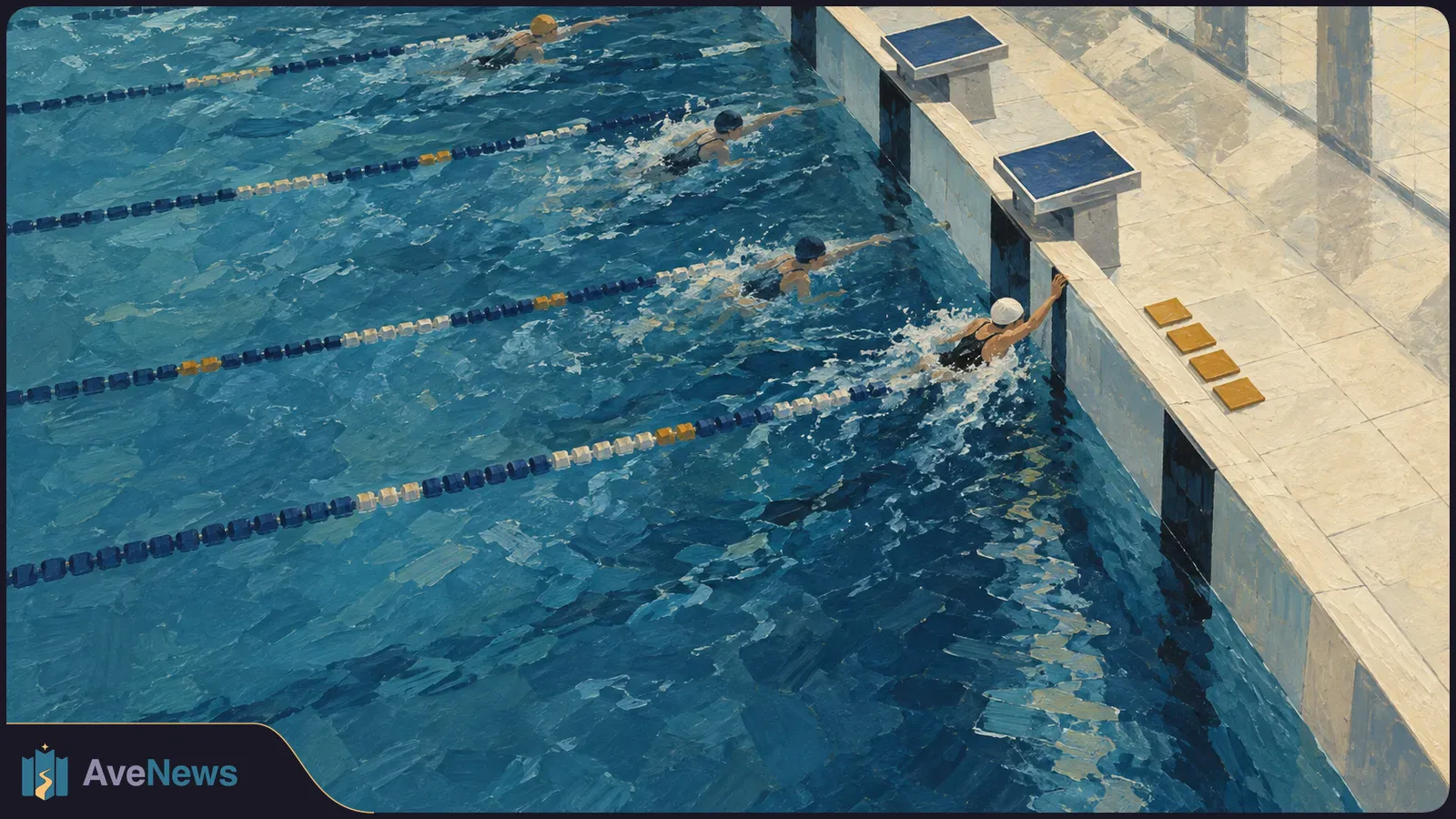 Painterly overhead view of four swimmers reaching the wall of a blue lap pool, with lane ropes, starting blocks and tan deck tiles. SI illustration