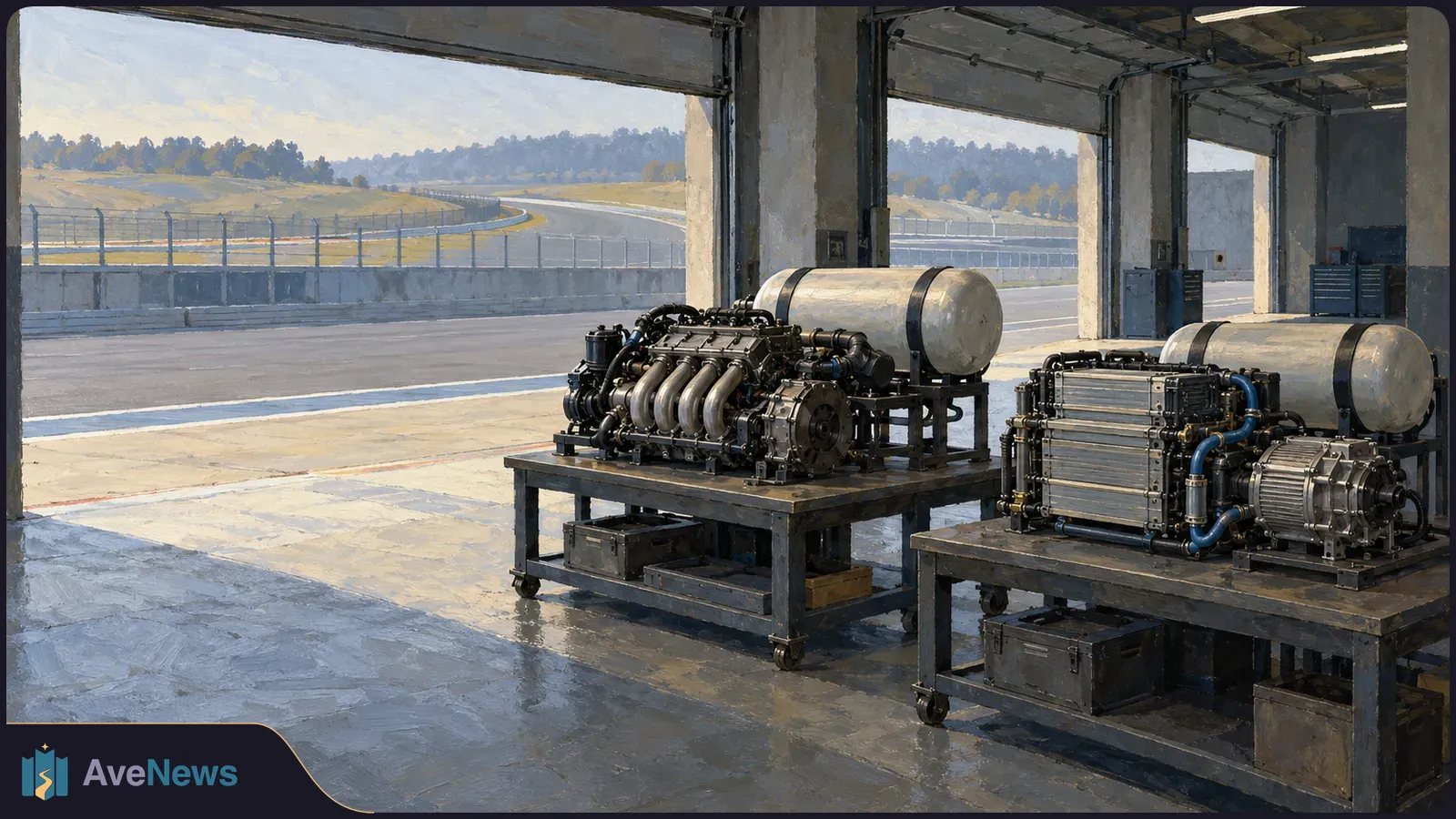 Painterly illustration of two mechanical power units on wheeled tables in an open racetrack garage, with the circuit visible outside. SI illustration
