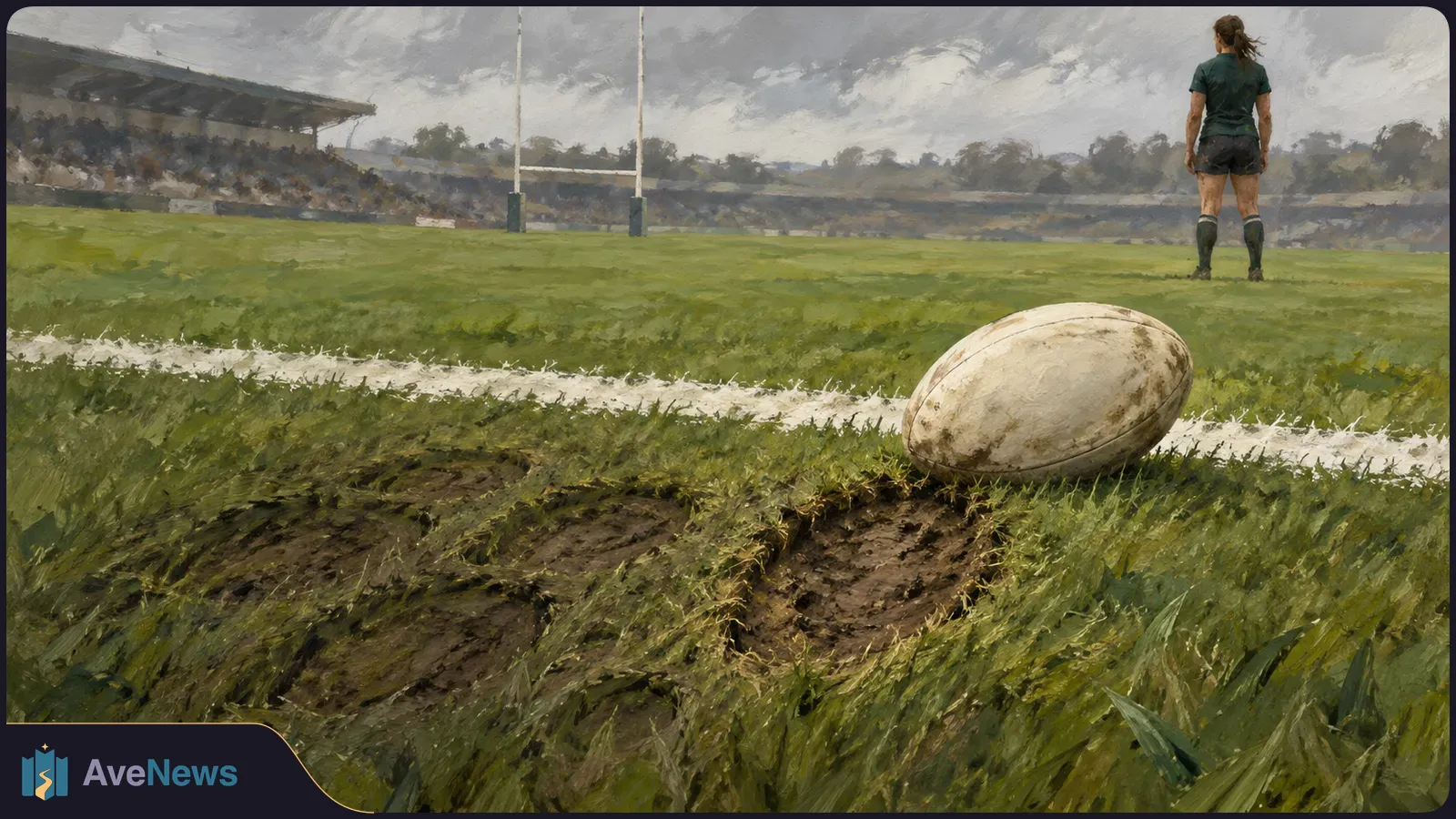 Painted rugby field under a cloudy sky, with a muddy ball beside the sideline, goalposts, distant stands and a player seen from behind. SI illustration