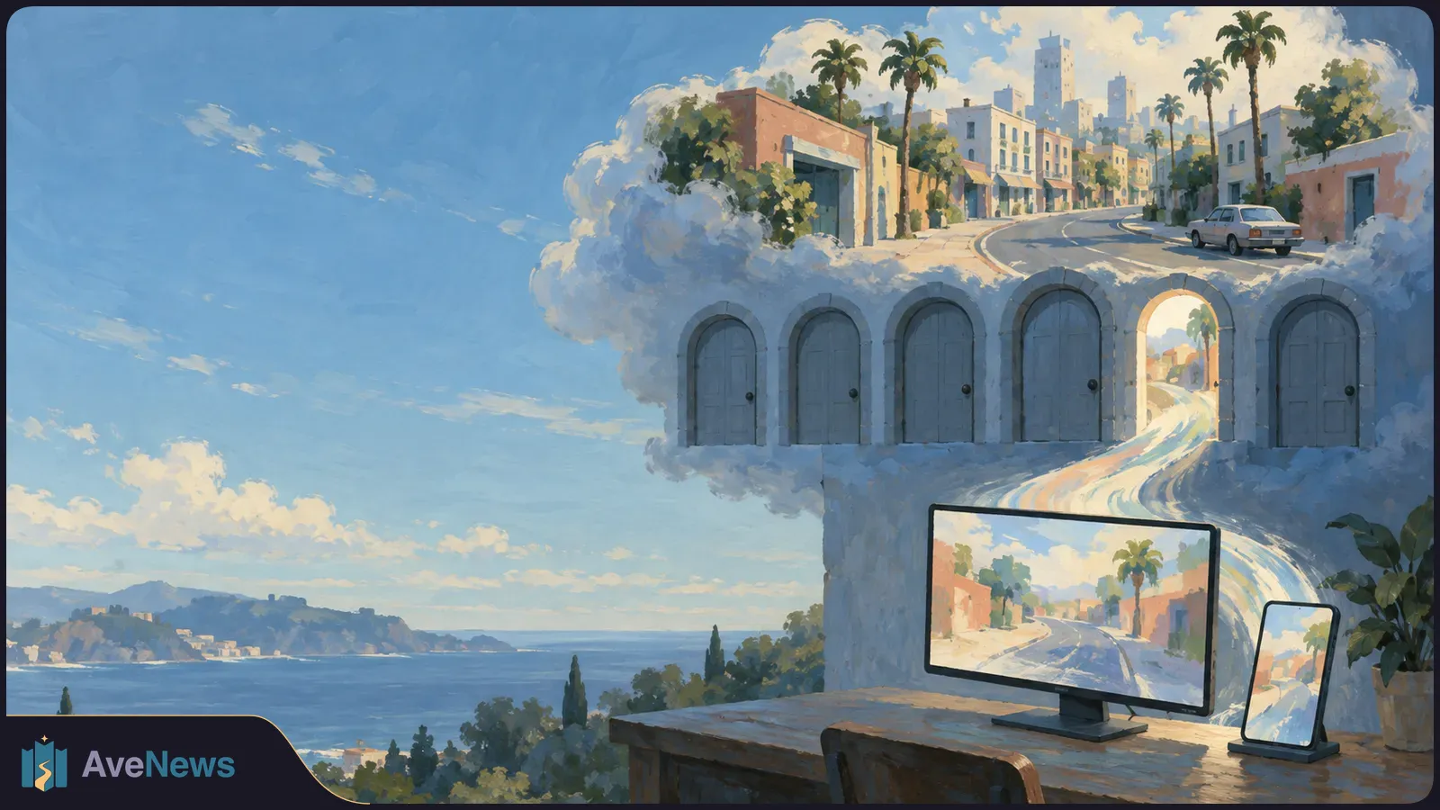 Painted coastal cityscape with a palm-lined road above a row of doors. A glowing road descends through an arch toward a desk monitor and phone showing similar streets. SI illustration