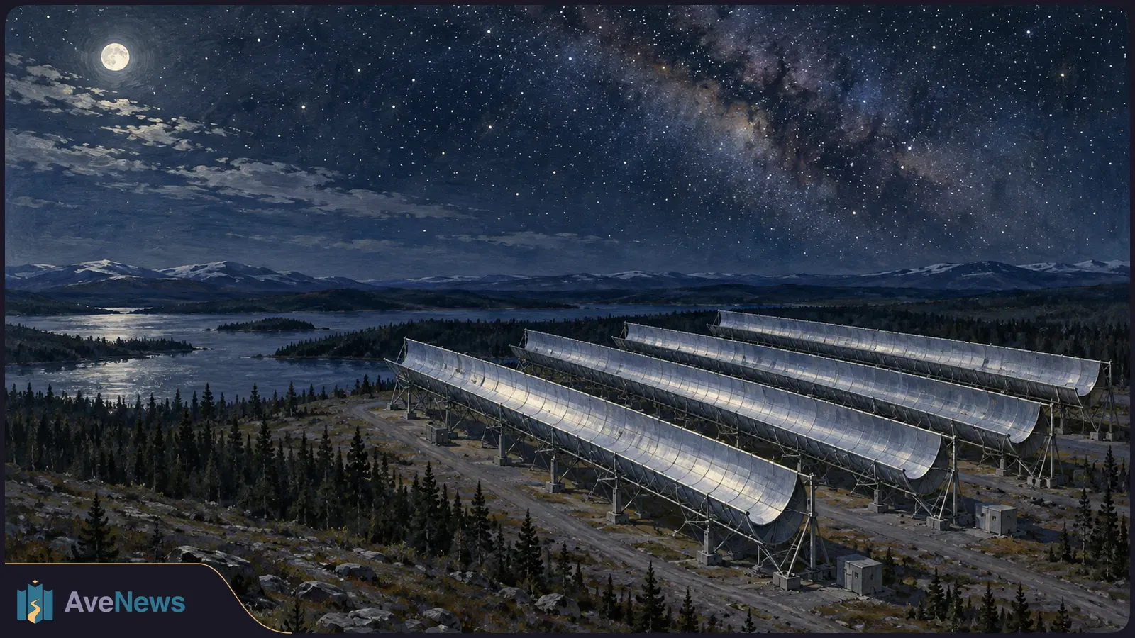 Four long, parallel radio telescope reflectors stand near a forest and lake beneath a star-filled sky, with a bright moon and distant mountains. SI illustration
