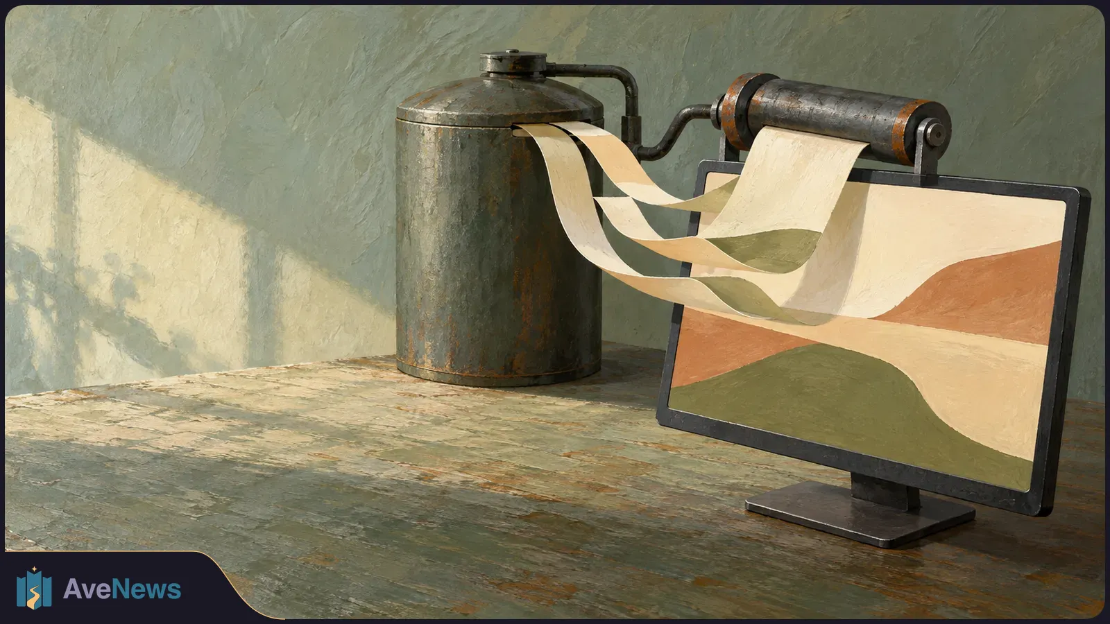 On a worn table, pale paper strips curl between a metal canister and a roller above a monitor showing abstract olive and rust-colored shapes. SI illustration