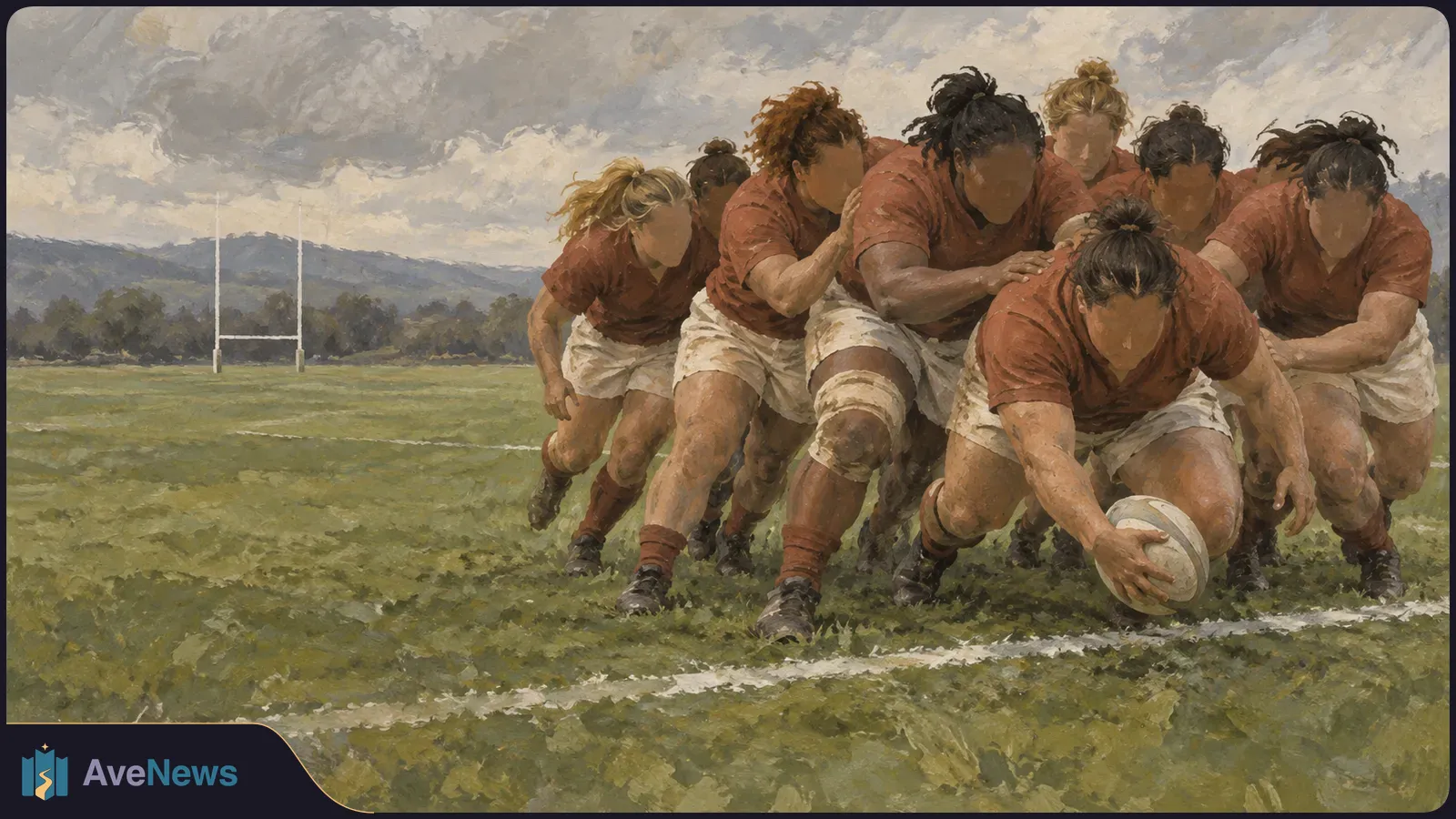 Painting of rugby players in red shirts and white shorts advancing together on a grassy field, with one player reaching for the ball near a white line. Goalposts stand in the distance. SI illustration