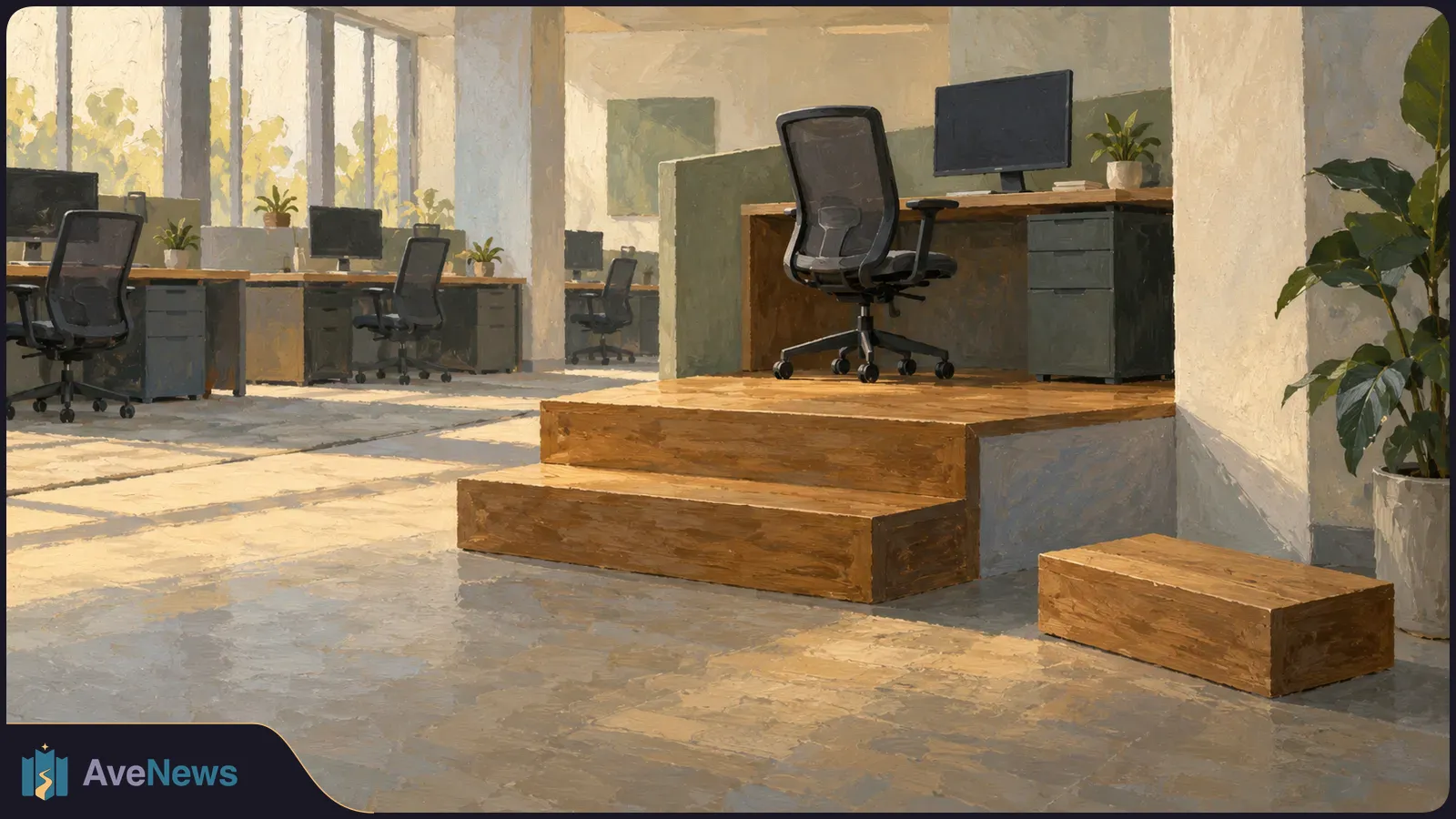 Painted empty office with desks and monitors. Two wooden steps lead to a raised desk and chair, with a separate wooden block to the right. SI illustration