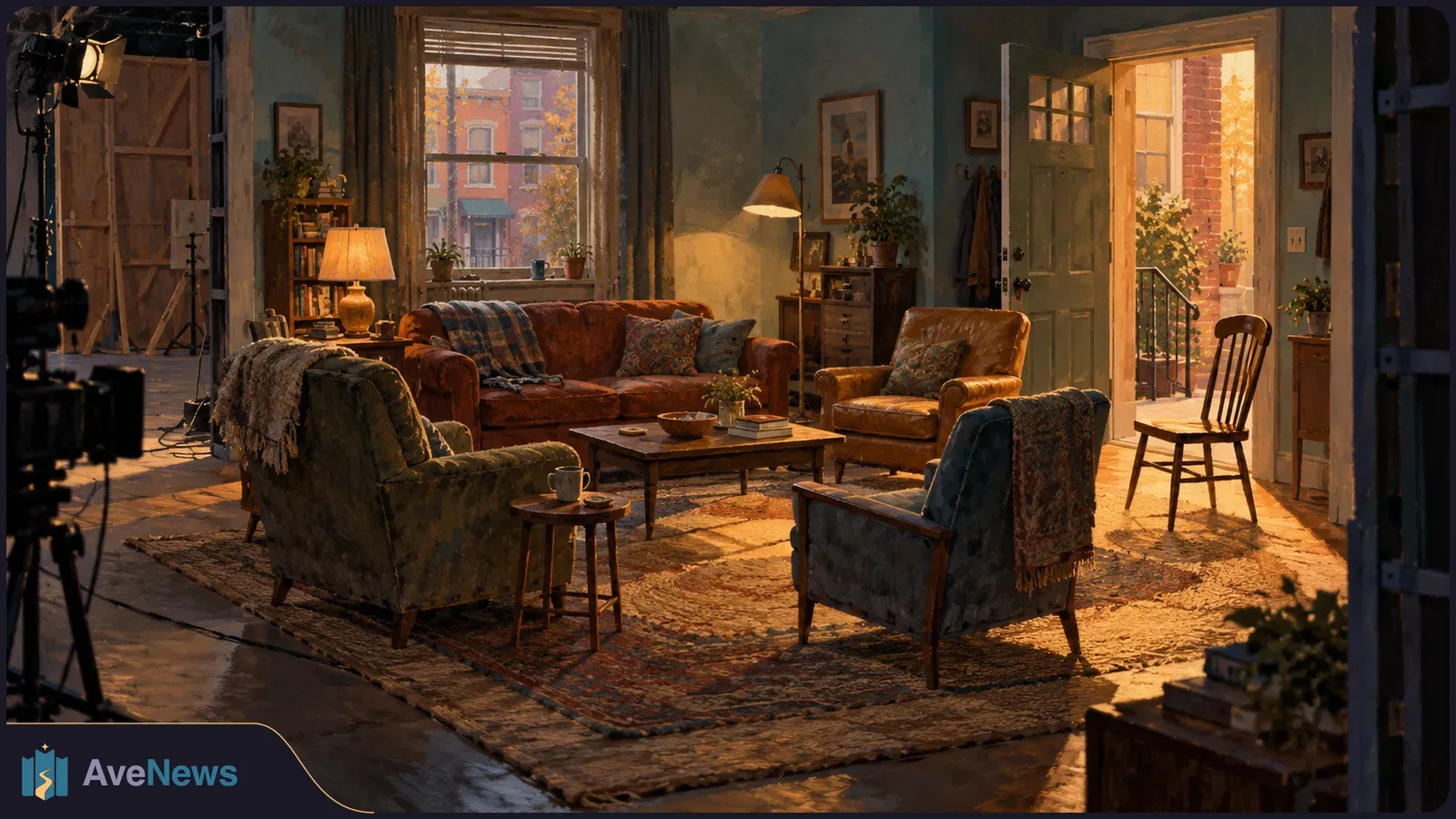 A warmly lit living-room set with a sofa, armchairs and coffee table. Film equipment is visible at left, and an open door reveals a sunlit exterior. SI illustration