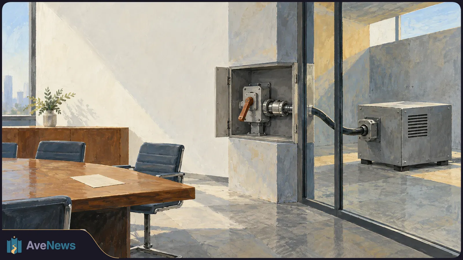 Painted boardroom with an open wall-mounted switch connected by cable to a metal equipment box beyond glass doors. A blank sheet lies on the table. SI illustration