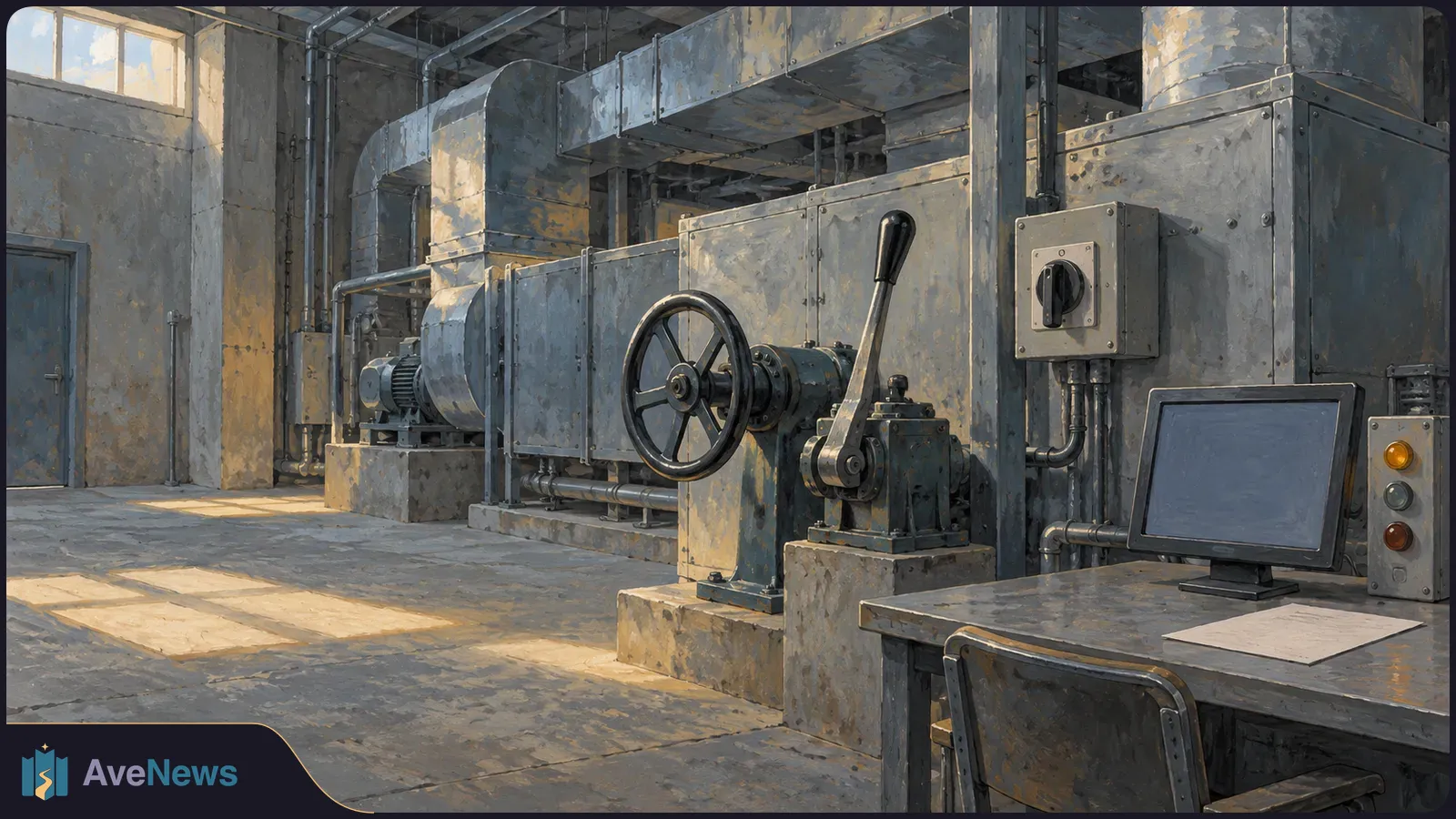Painted mechanical room with large ducts, pipes, a handwheel and lever. A blank monitor and sheet of paper sit on a desk in the foreground. SI illustration