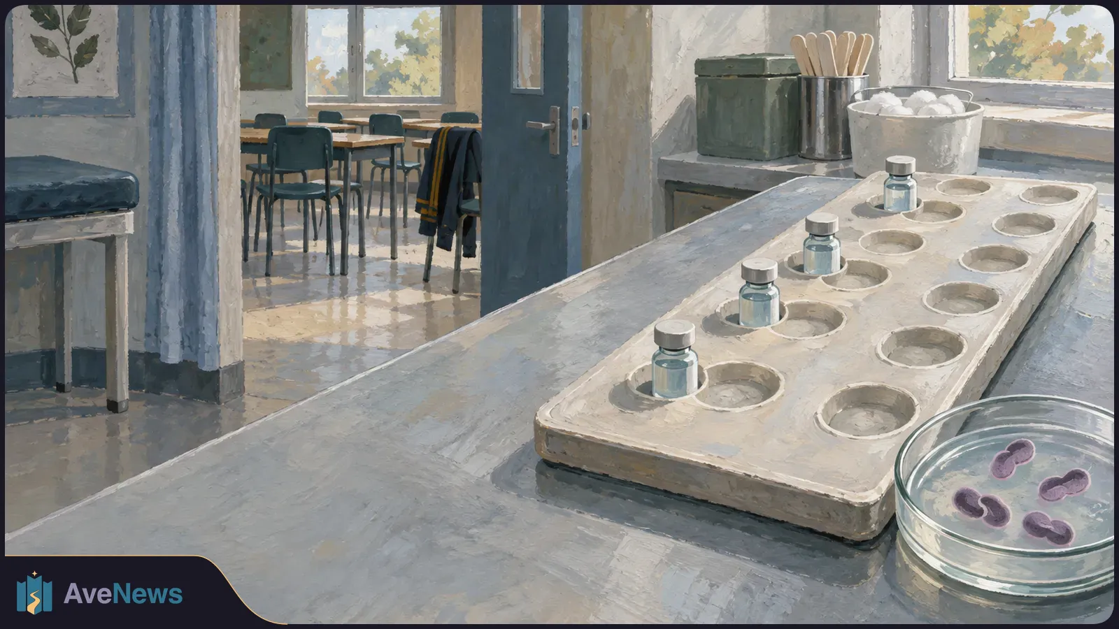 A painted lab bench holds four small vials in a tray of mostly empty slots. A dish with purple microbe-like shapes sits nearby, with an empty classroom beyond the open door. SI illustration