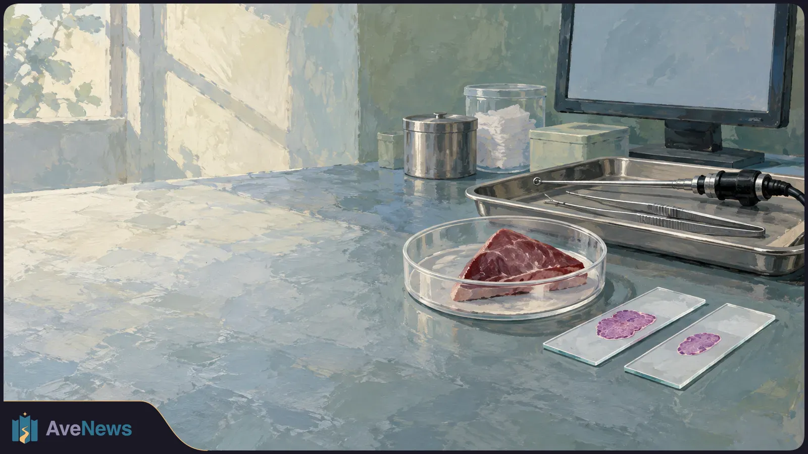 A painted lab scene shows red tissue in a clear dish, two stained glass slides, metal instruments on a tray and a blank monitor by a sunlit window. SI illustration
