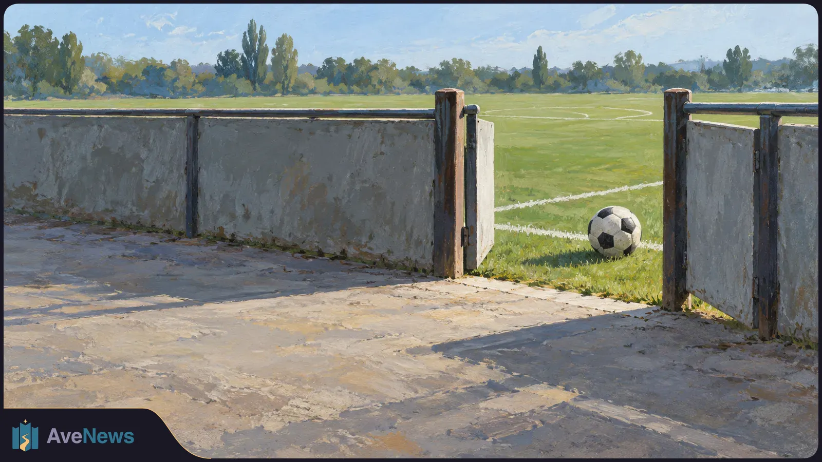Painted view of a football resting on grass just beyond an open gate, with white field lines, trees and blue sky in the background. SI illustration