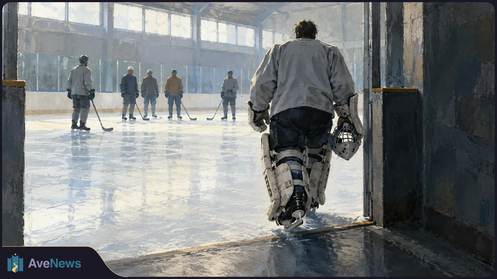 A goalie in bulky pads skates through a doorway onto an indoor ice rink, where five hockey players stand with sticks. Sunlight streams through high windows. SI illustration