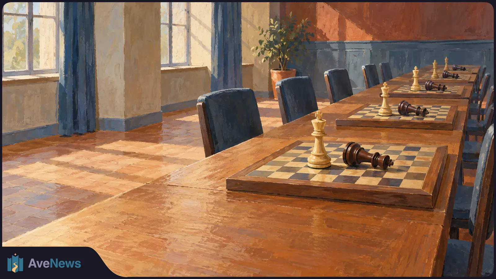 Painted sunlit room with a long wooden table, empty chairs and several chessboards, each with an upright light king and a fallen dark king. SI illustration
