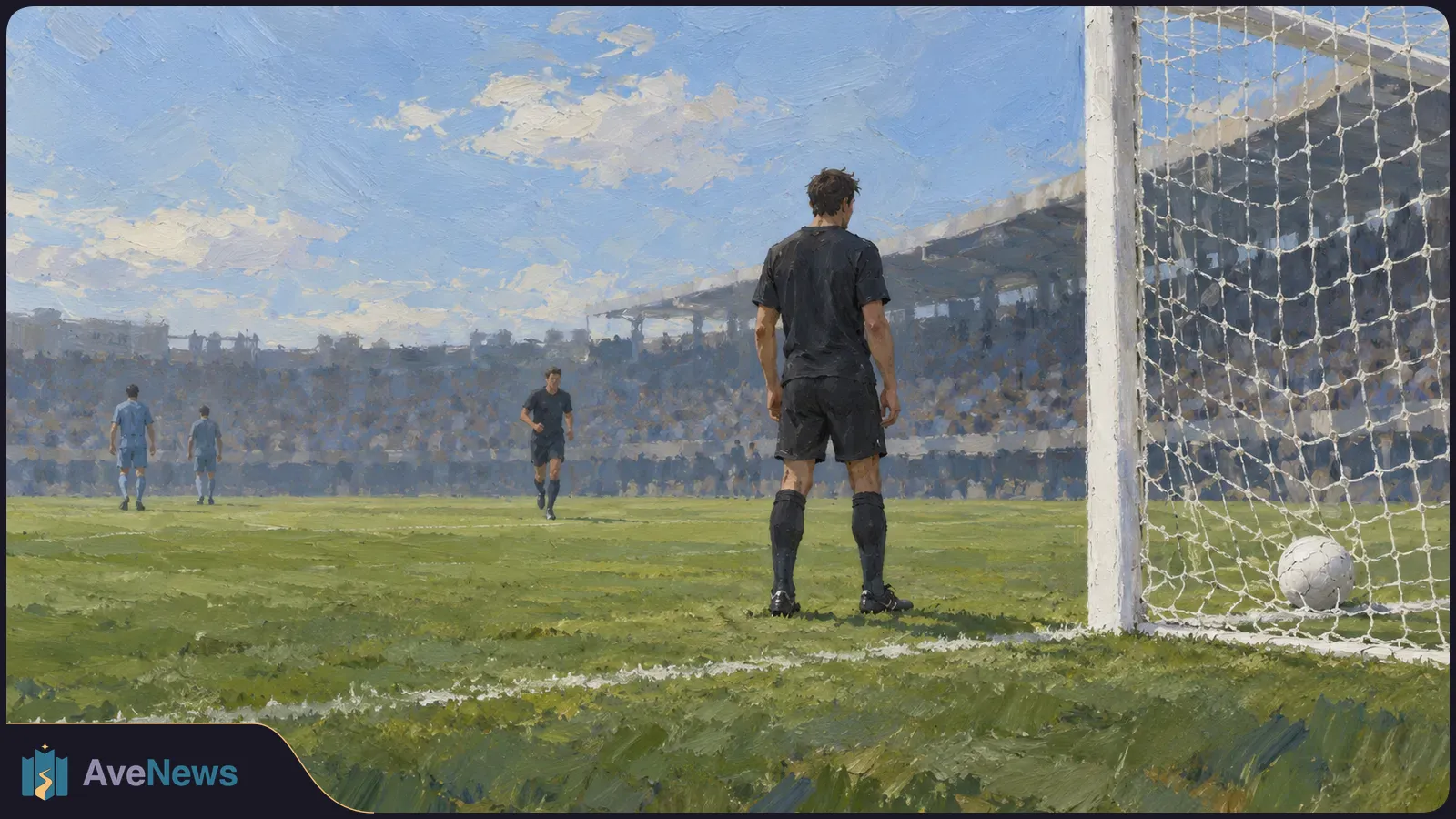 Painted football scene with a ball inside the goal, a player in a dark kit beside the post, and other players and spectators in the distance. SI illustration