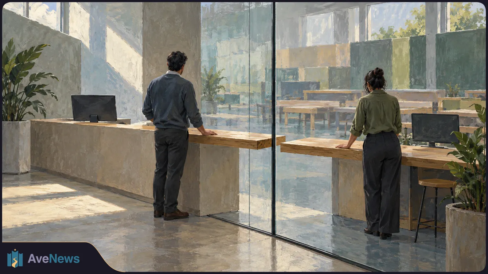 Painterly office scene with two people seen from behind at wooden counters on opposite sides of a glass partition; monitors and potted plants sit nearby. SI illustration