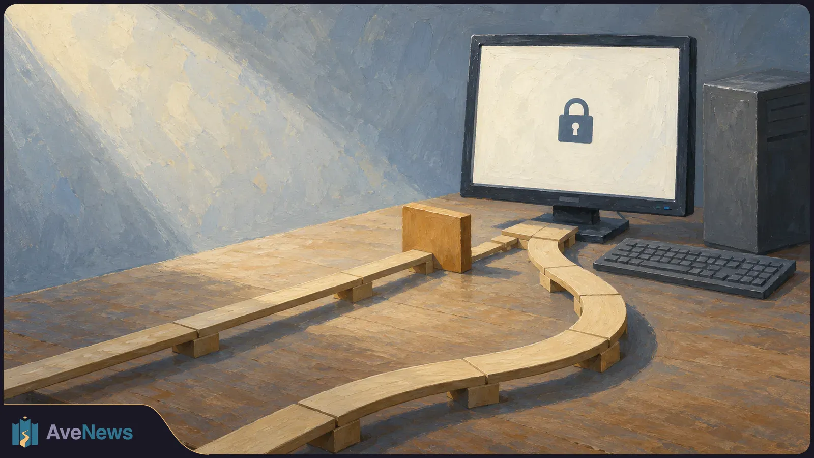 Painted desktop computer on a wooden table, its monitor showing a padlock symbol. Two wooden paths lead toward it; one is blocked by a wooden block. SI illustration
