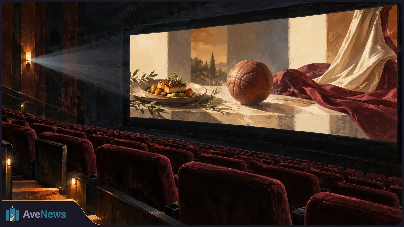 Rows of red cinema seats face a screen showing a plated meal, a basketball and draped fabric in a sunlit still life. SI illustration