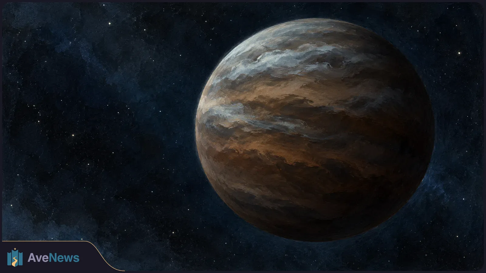 A large brown celestial sphere with pale cloud bands against a dark, star-speckled background. SI illustration