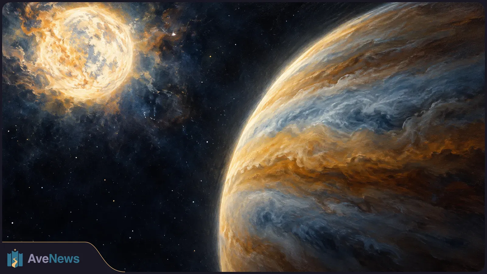 Painted space scene with a bright, fiery star at upper left and a large, cloud-banded planet filling the right side against a dark star field. SI illustration