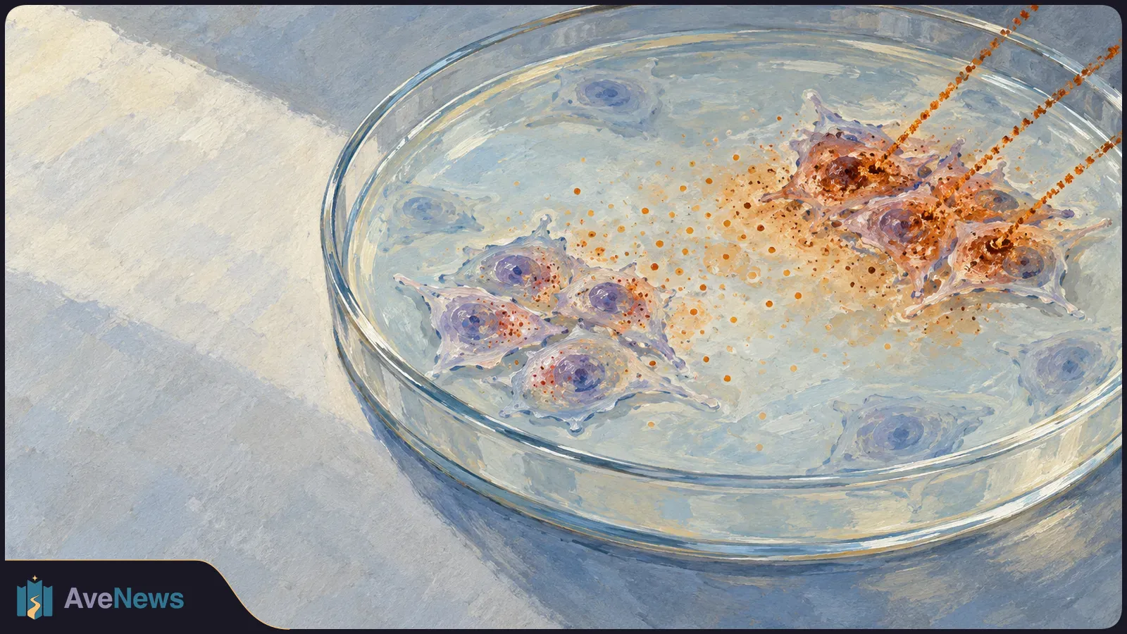 Painted petri dish with pale cells; orange particle trails strike cells on one side, while specks spread toward neighboring cells. SI illustration