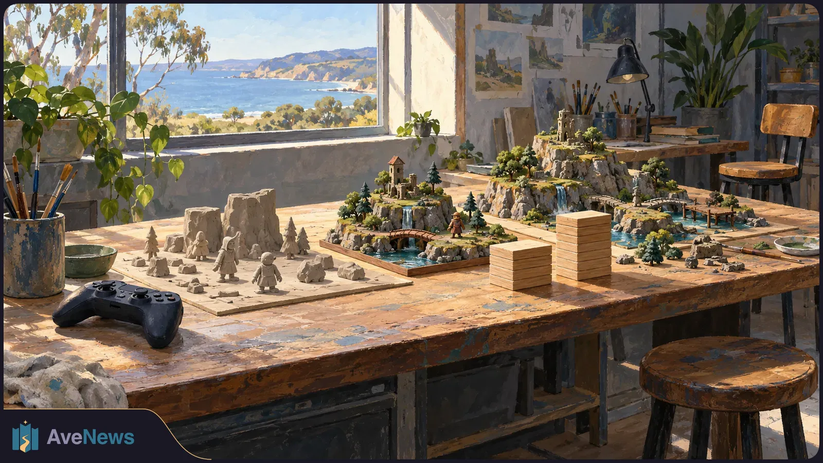 A painted studio scene with clay figures, miniature landscapes, a game controller and two stacks of wooden blocks on a worktable beside a coastal window. SI illustration