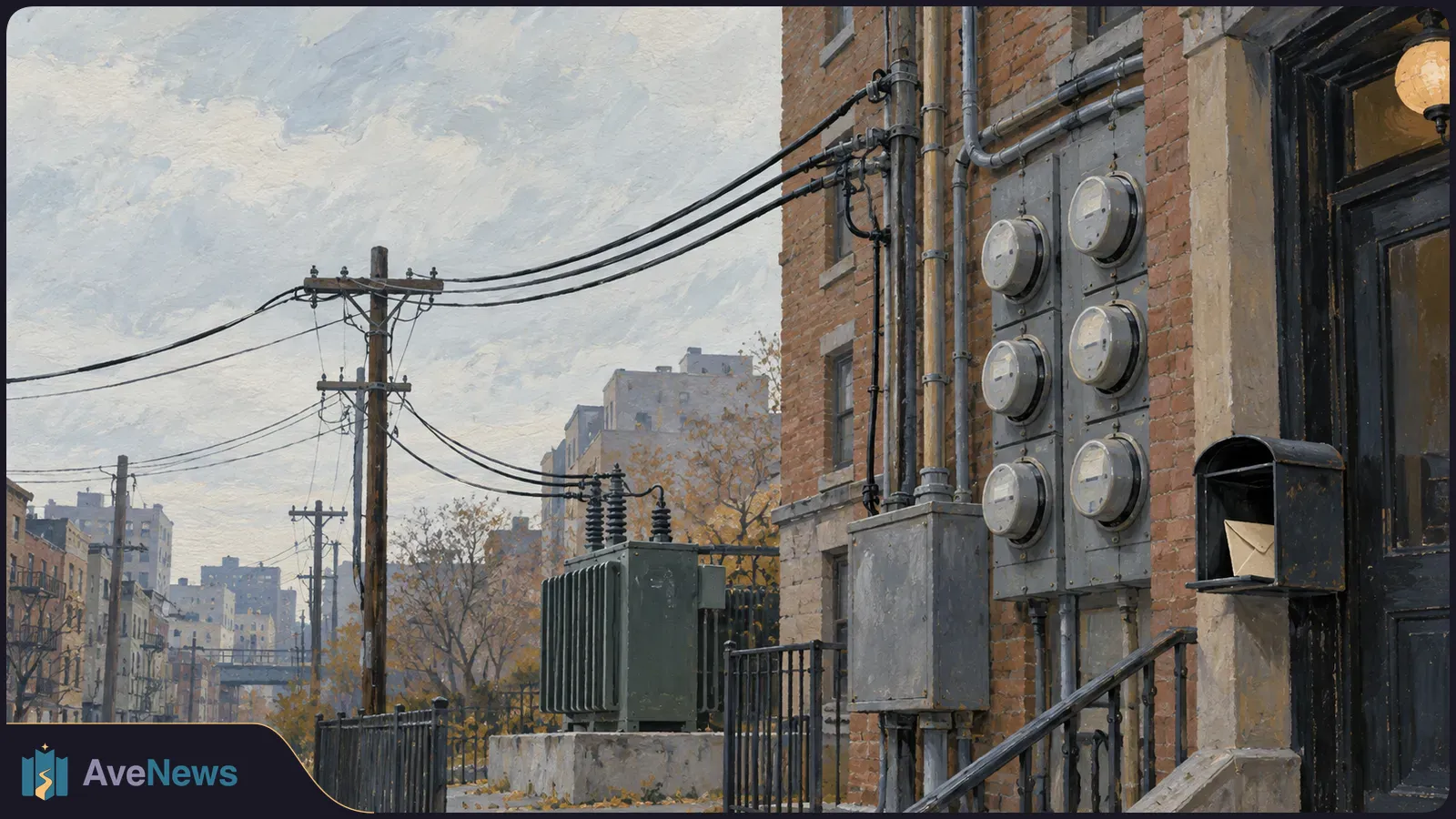 Painted city street with power lines and a transformer. Six electricity meters are mounted on a brick building beside a mailbox. SI illustration