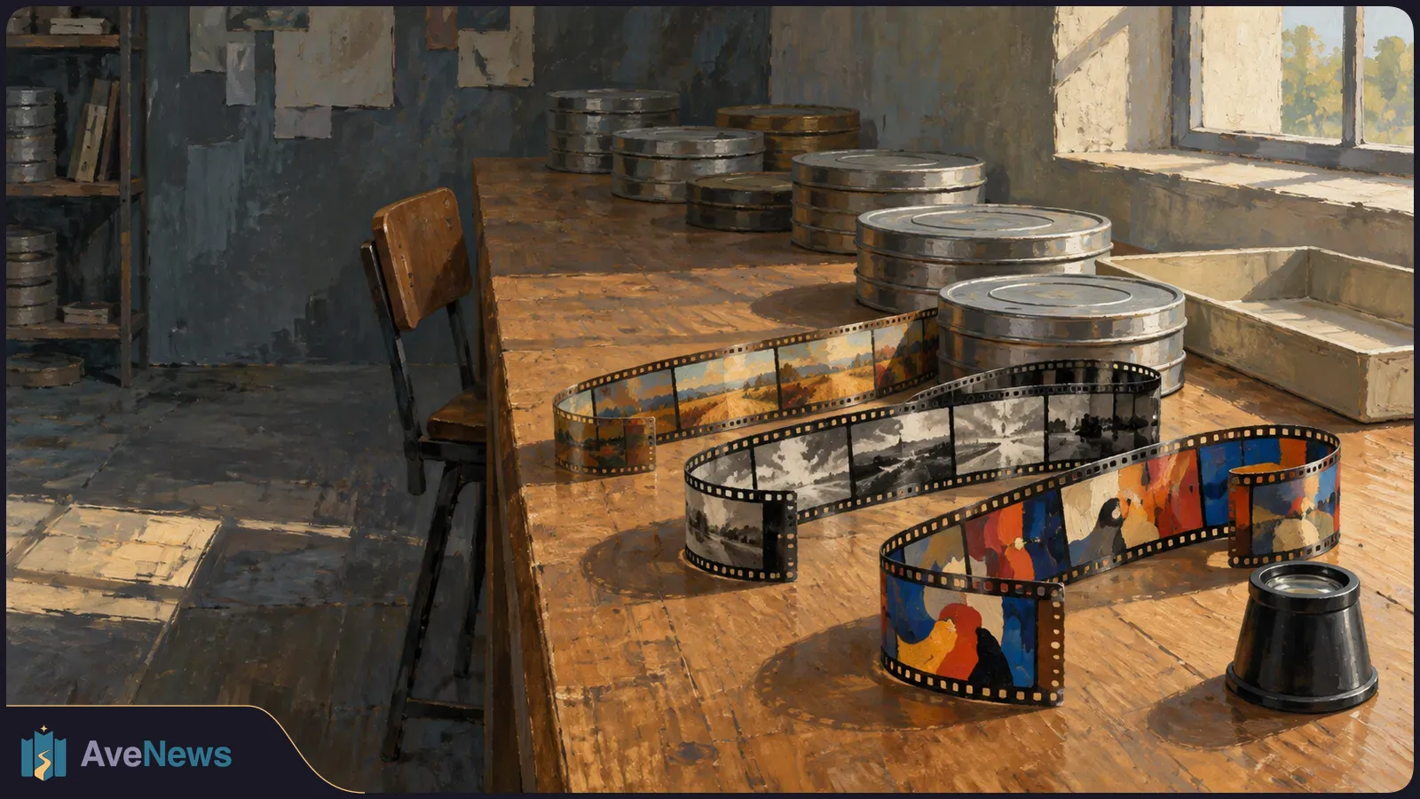 Painted scene of film reels and loose strips of color and black-and-white film spread across a wooden table beside a sunlit window. SI illustration